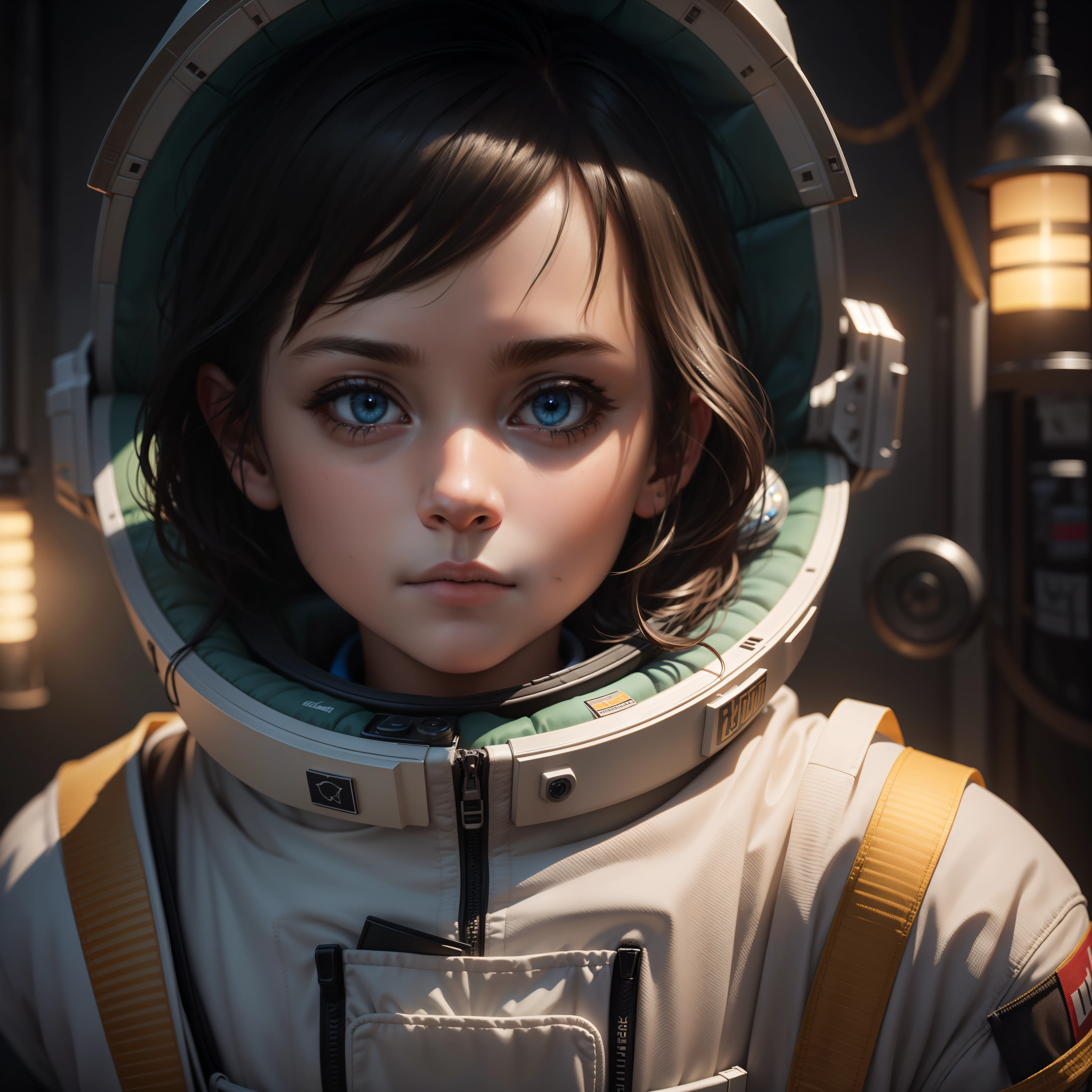 extreme detail, 8k, ultra quality, masterpiece, illustration, photorealistic, hyper realistic, intricate sharp details, dramatic lighting, detailed eyes, detailed face, kid wearing spacesuit in open space