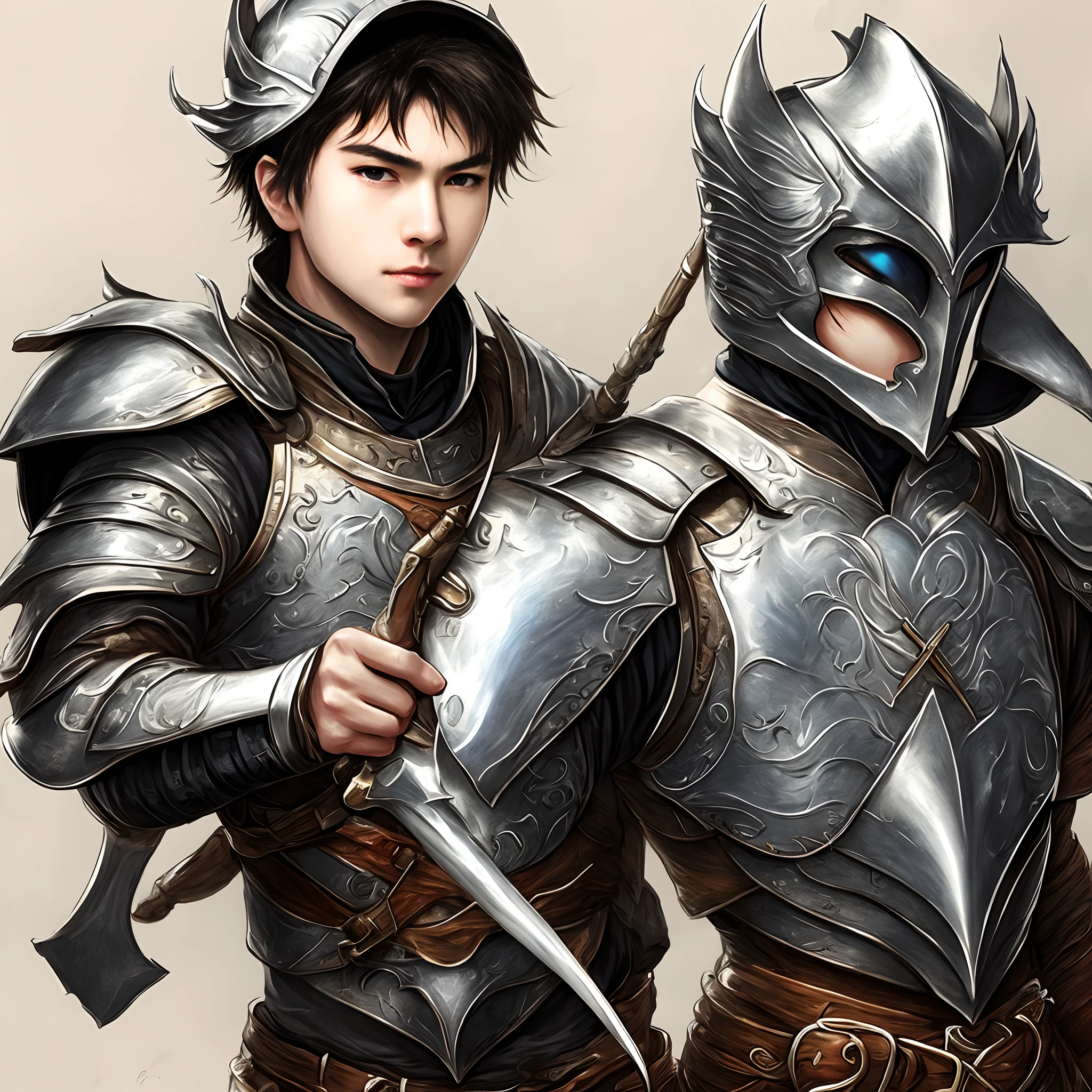 Handsome young man。Medieval armor。Drawing a bow。