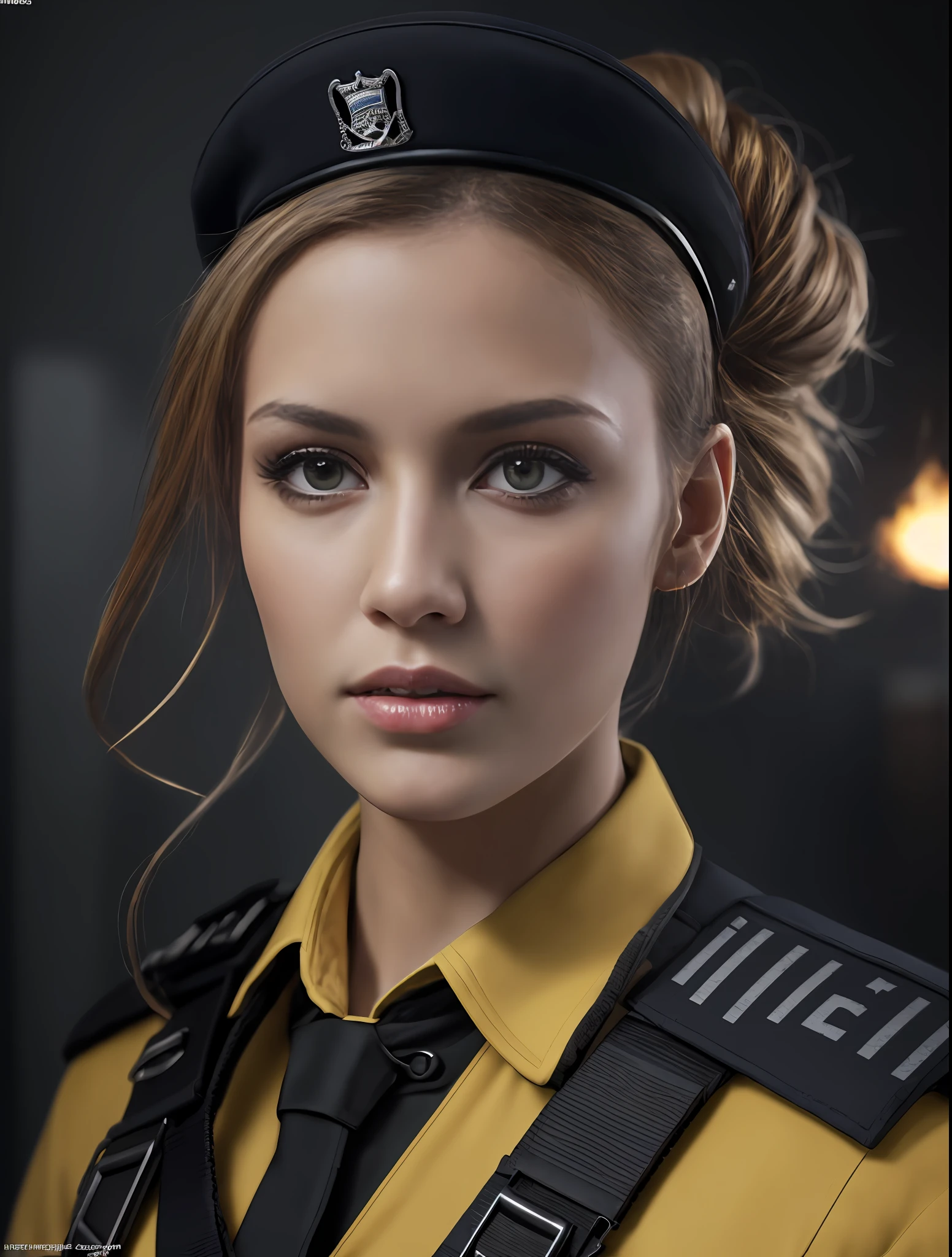 (8k, RAW photos, top quality, masterpiece:1.2), (realistic, photorealistic: 1.37), (middle shot:1 front view:1), (1 super beautiful girl), ultra-detailed face, disheveled updo hair, professional lighting, photon mapping, (ultra detailed skin), (wearing black police uniform, police wappen, military harness, yellow military beret), (normal breasts), ((bring machinegun H&K MP5)), serious, fires, smokes, destroyed buildings,