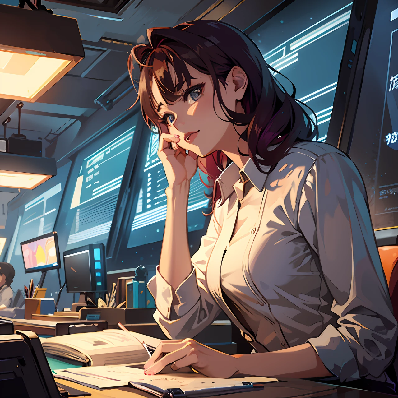 anime girl sitting at a desk with a laptop and a notebook, digital anime illustration, lofi portrait, digital cyberpunk anime art, anime moe artstyle, detailed digital anime art, marin kitagawa fanart, painted in anime painter studio, kantai collection style, makoto shinkai ( apex legends ), digital anime art, cyberpunk anime art, anime cyberpunk art