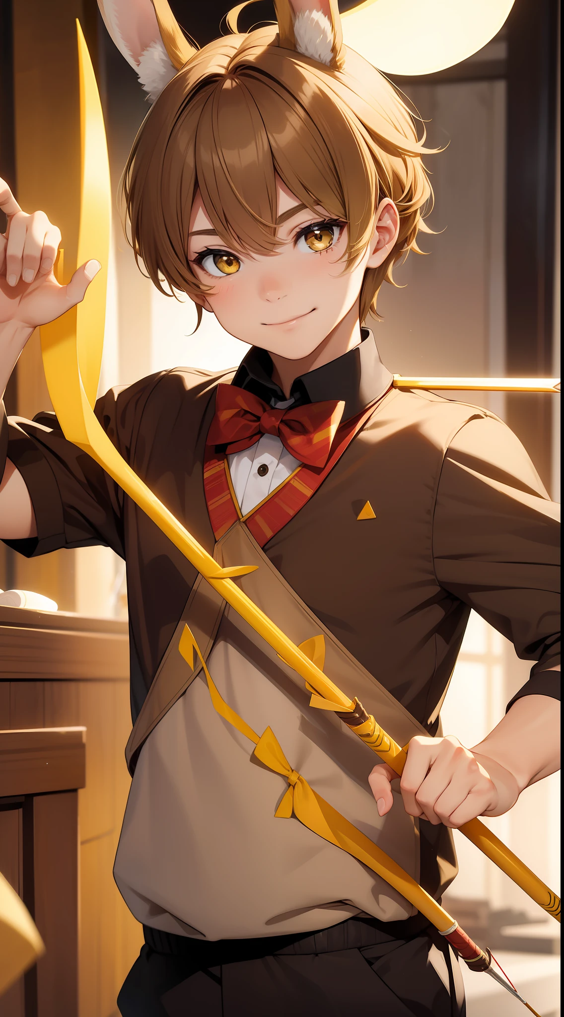 Young guy, Brown hair with blonde strands, Yellow eyes, brown rabbit ears, Smile, Bow and arrow, Masterpiece, hiquality