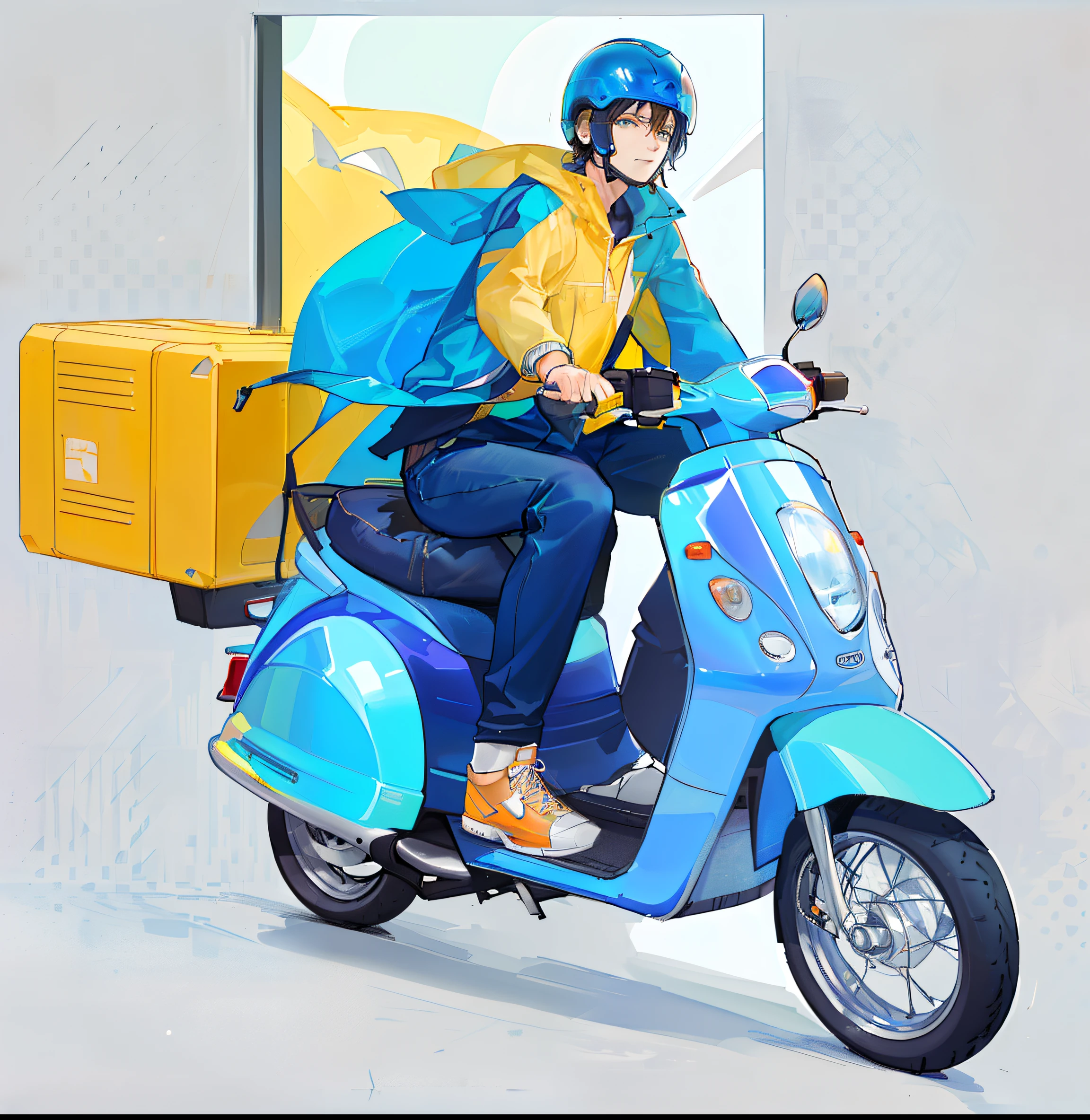 (tmasterpiece,best qualtiy),quadratic element,cool guy,Fine facial features,Man riding an electric car,Blue box at the back of the car, Mopeds, Relaxed, Chinese,Blue car,Blue clothes,With a blue helmet,4K,best qualtiy,frontage,full bodyesbian,Solid white background