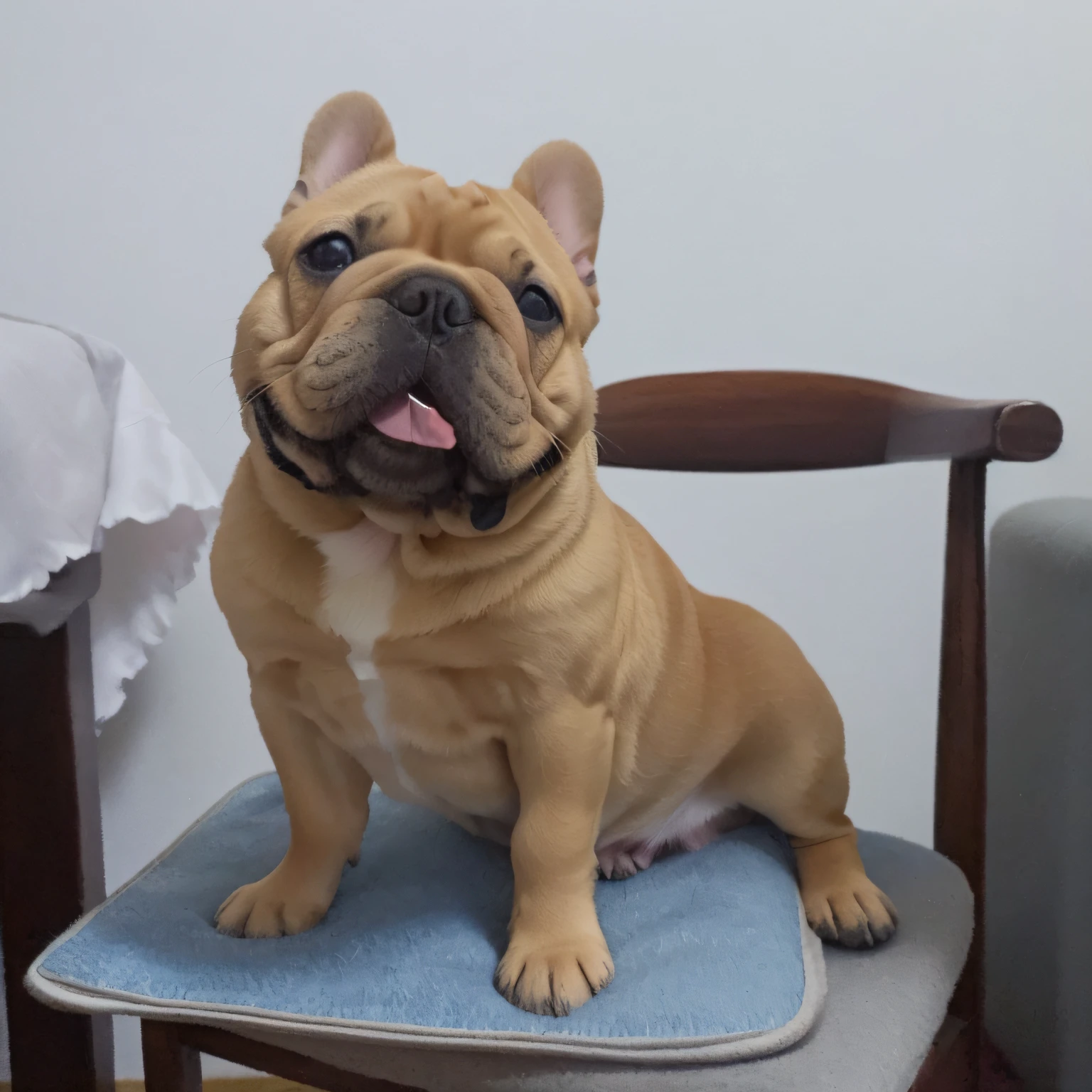 There is a puppy sitting on a chair with his tongue sticking out, French Bulldog, wrinkle, taken with sony alpha 9, Large wrinkles on cheeks, Extremely handsome, taken with a Sony A7R camera, beefy, Muscular!!, proud looking away, huge chin, Male!!, Expressing the, proud look, proud look, A lot of wrinkles