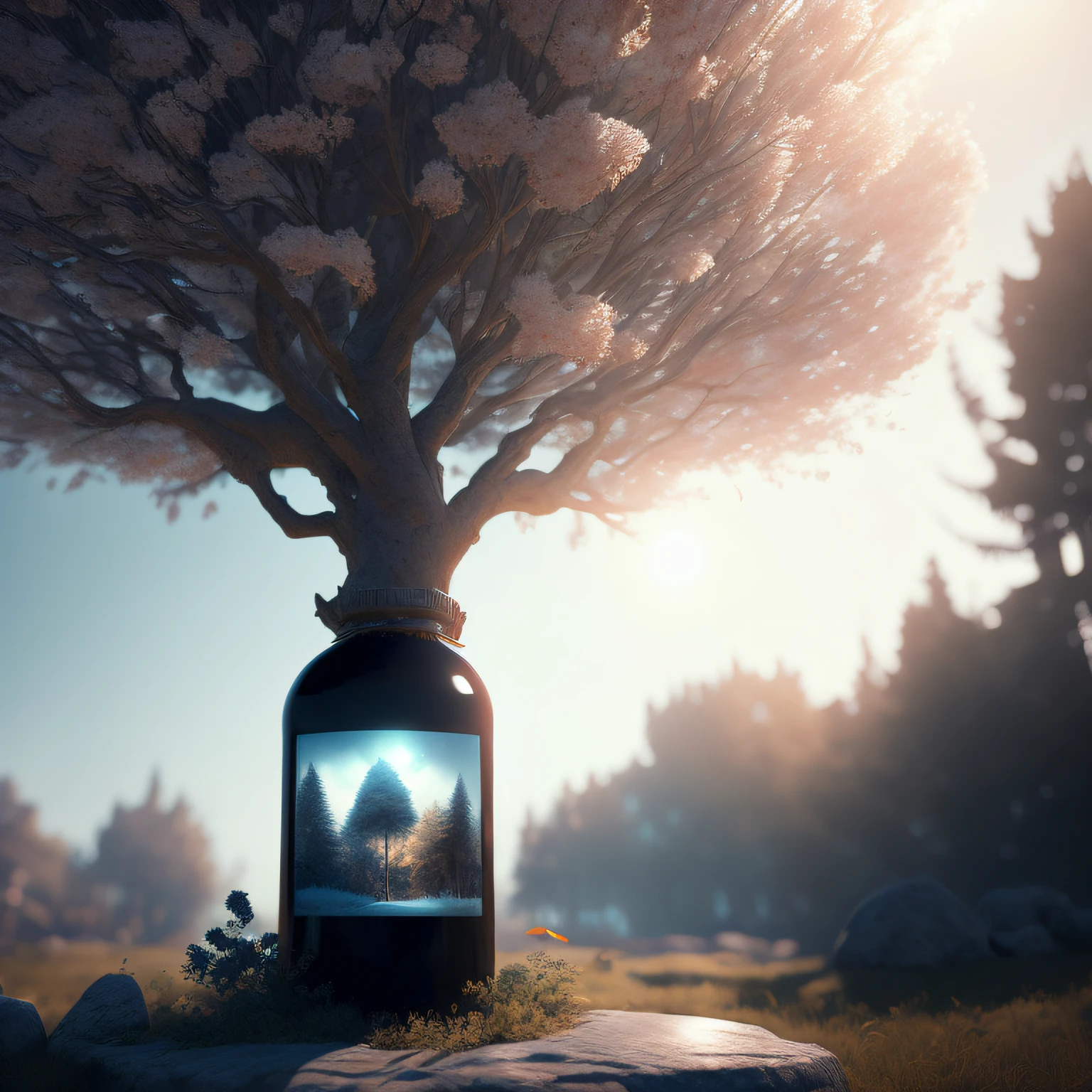 A dreamy tree of art in a bottle, fluffy, realistic, photographs, Canon, dreamy, artistic, brilliant leaves and branches, with flowers above my head. Greg Rutkowski's Ultra Detailed Photo Realism - H1024W 804 | F16 Lens Markers 2:2S 3555mm Film Particles: 1 Lifelike High Resolution Sharp Focus Contrast!! Intricate and detailed atmospheric refractive lighting of Unreal Engine 5 movie concept photography masterpiece Octane renders trends on CGSociety