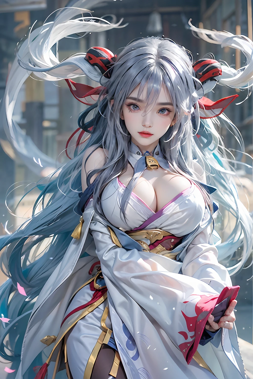 realisticlying, high resolution, 1 woman, Blue long hair, Beautiful eyes, normal breast, ganyu clothes,mitts, Horns, Neckbells, Pantyhose, Purple eyes, side locks, nipple tassels, White sleeves,(Ganyu \(Genshin Impact\))