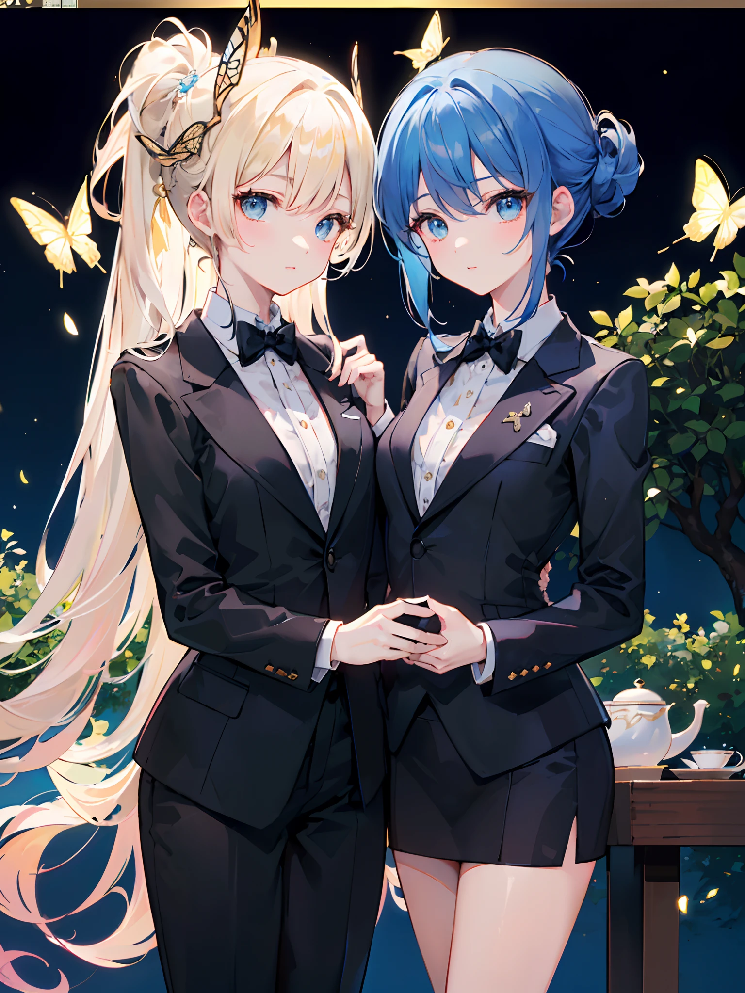 (Golden ratio:1.2),[(Black background:1.4)::10],(细腻细致), (Intricate details), (Cinematic light, 最优质的背光), 清晰的线条, 独奏,(1girll:1.3),full bodyesbian,(Million handsome:1.2),(Pseudo-long),(/Azure hair:1.3)/,blue colored eyes,Asymmetrical bangs,short detailed hair(updo-hairstyle:1.3),(/The hair on the left is braided/),(Small ???????(Straight ???????):1.3),(Wearing a black English tuxedo:1.3)+(Fluffy swallowtail:1.2),Outdoors,trpical garden,(Afternoon tea is prepared:1.3)