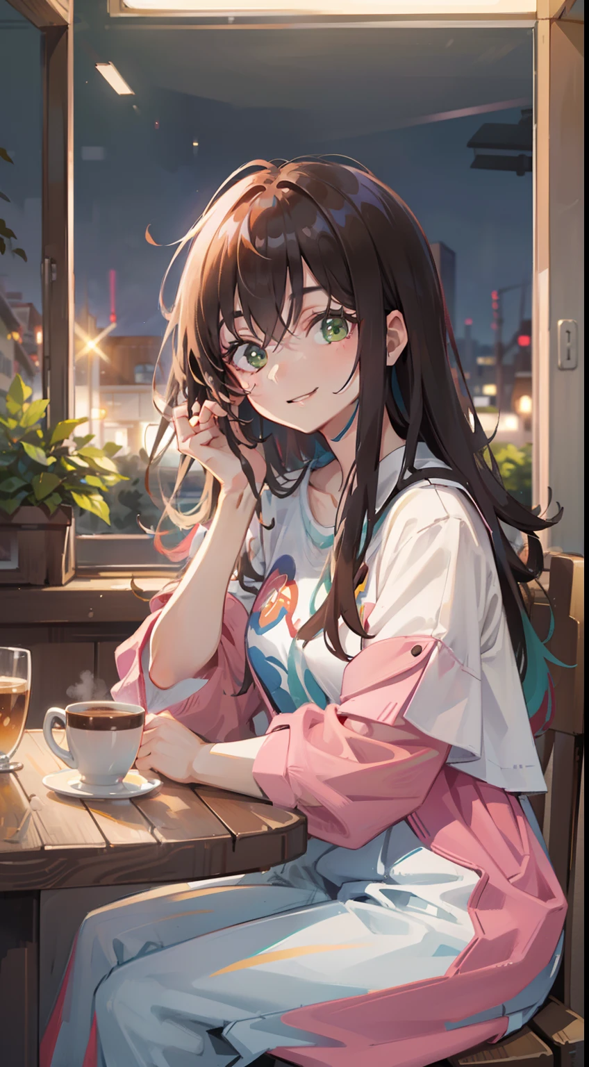 masterpiece), best quality, beautiful detailed hair detailed face, ultra high res, sharp focus, ((1 woman, solo)), perfect feminine face, upper body, magazine cover, (at the night time:1.5), (from front), in cafe, coffee, cake, look at viewer, sitting on the chair, (colorful comfy clothes:1.5), ((beautiful shape eyes, green eyes)), chesnut brown hair, flowing long hair, smiles