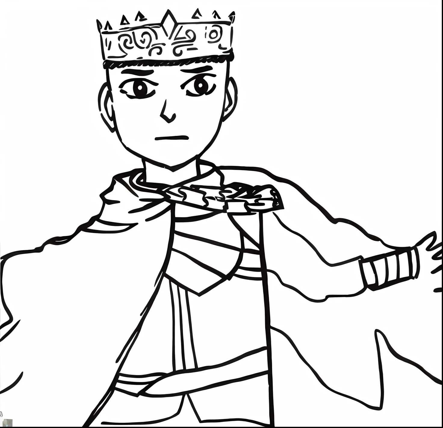 A painting of a man wearing a crown and a cloak, wearing a crown and cape, with an armor and a crown, quirky king of faes ( com longo, Wearing the king's cloak, The man with the crown, intense line art, with a spine crown, Wears a golden crown, drawn with photoshop, Simple lines of art,The neckline has an auspicious cloud-like pattern,Silver armor,Realisticstyle