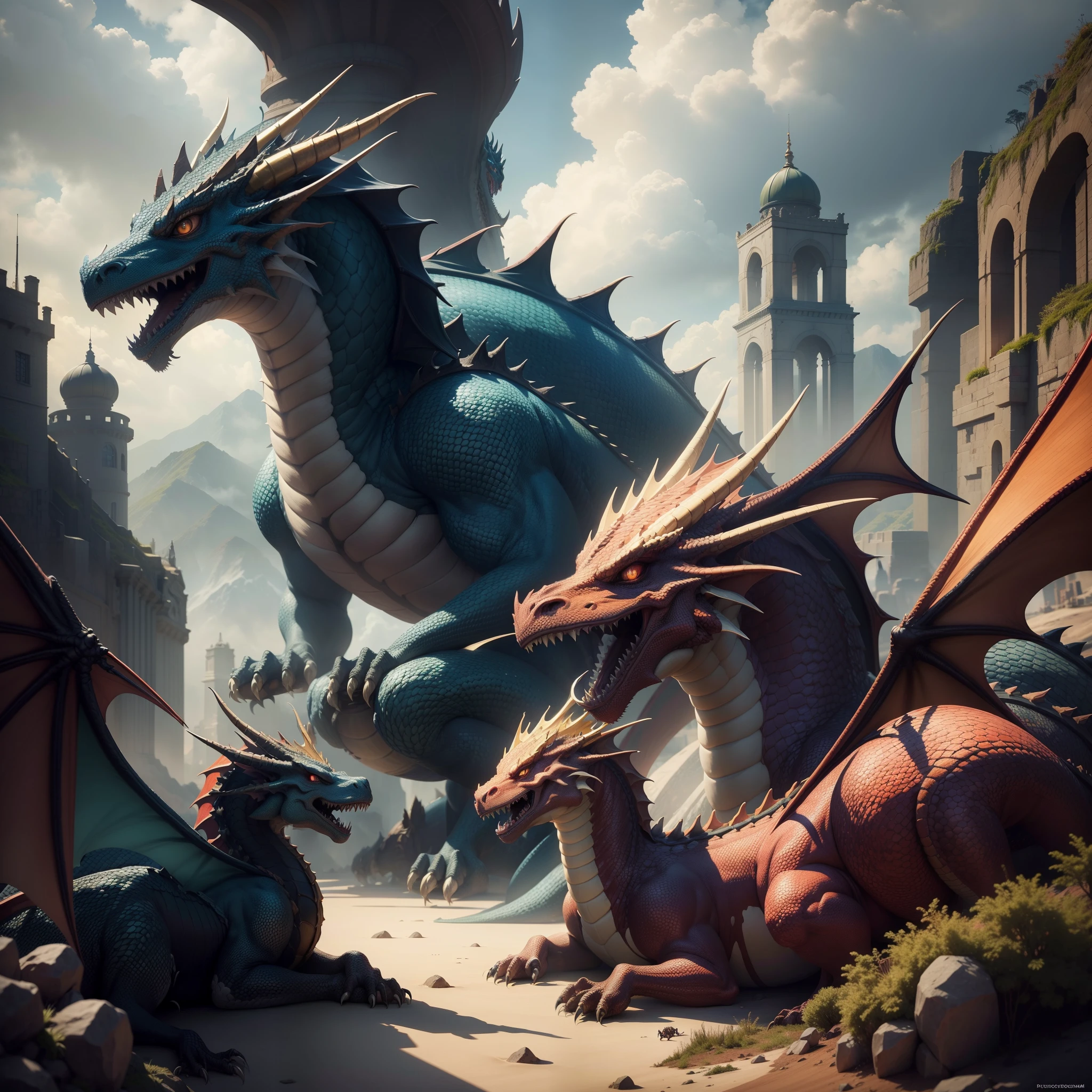 8K,Best quality, masterpiece, ultra high res, (photorealistic:1.4), a dragon city, multicolored dragons guarding a king dragon, masterpiece, best quality,