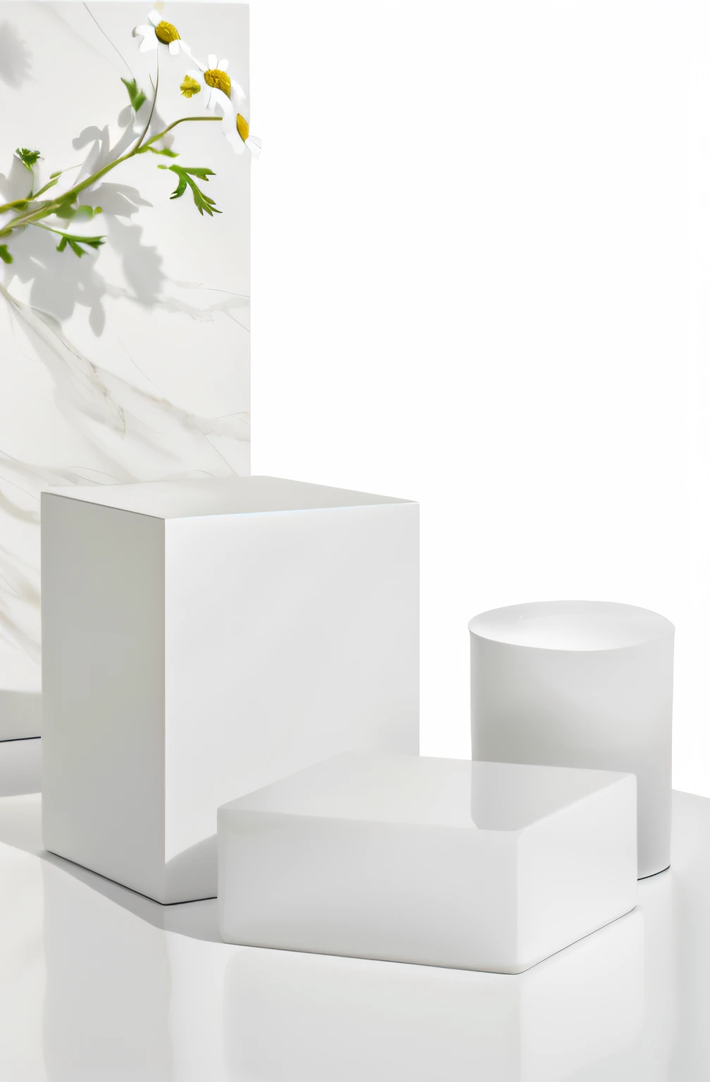 "On the table were three white booths and a chamomile plant, Solid bright white stand, White booth, white ceramic shapes, bright white porcelain, Award-Awarded, sleek white, white mechanical details,exquisitedetails,dramatic product lighting, Product photo, Clear detail, elegant minimalism, white board, high quality topical render, Lustrous white metal,detailed product photo, glossy white metal, crisp smooth clean lines, Showcase 3D products in 3D rendering style,3 d white shiny thick, SleekDesign,New technology demonstration, detalhe poderoso, Fine workmanship, Beautiful design,Beautiful design。"