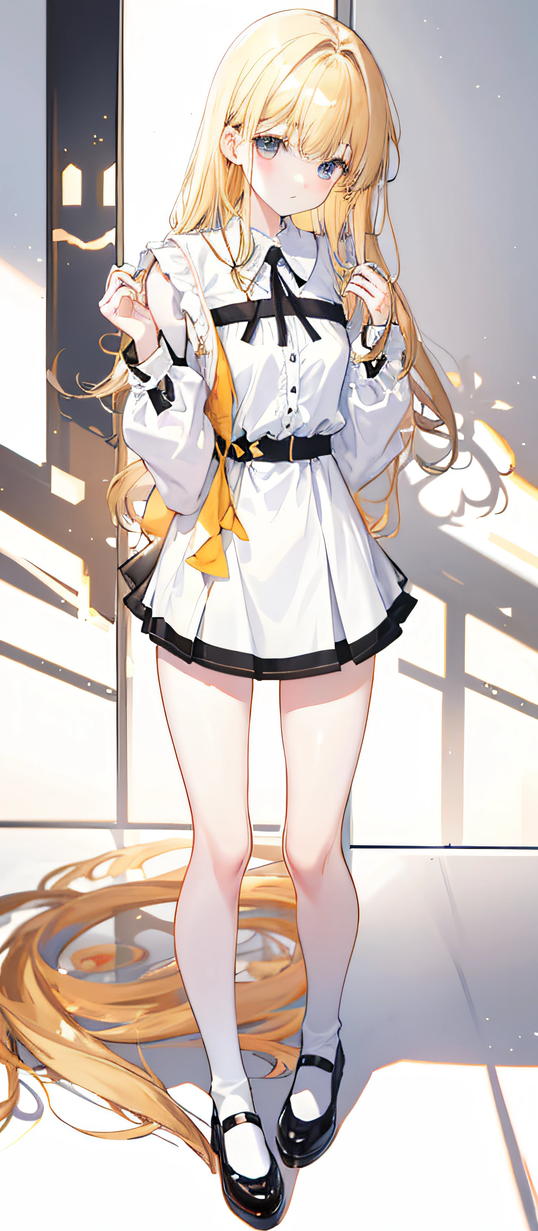 Photorealsitic, Bright indoor, Soft light, Low contrast, Shallow depth of field, Beautiful loli girl illuminated by gentle light,long straight hair bangs , hair color is a blonde hair chestnut shade with a slight brown tone, hair with a stress no wave, (long-sleeved shirt White long lolidress), black skirt (Silk White Socks), (pumps), (Full body:1.5), squatting, Blank white background,look at viewer
