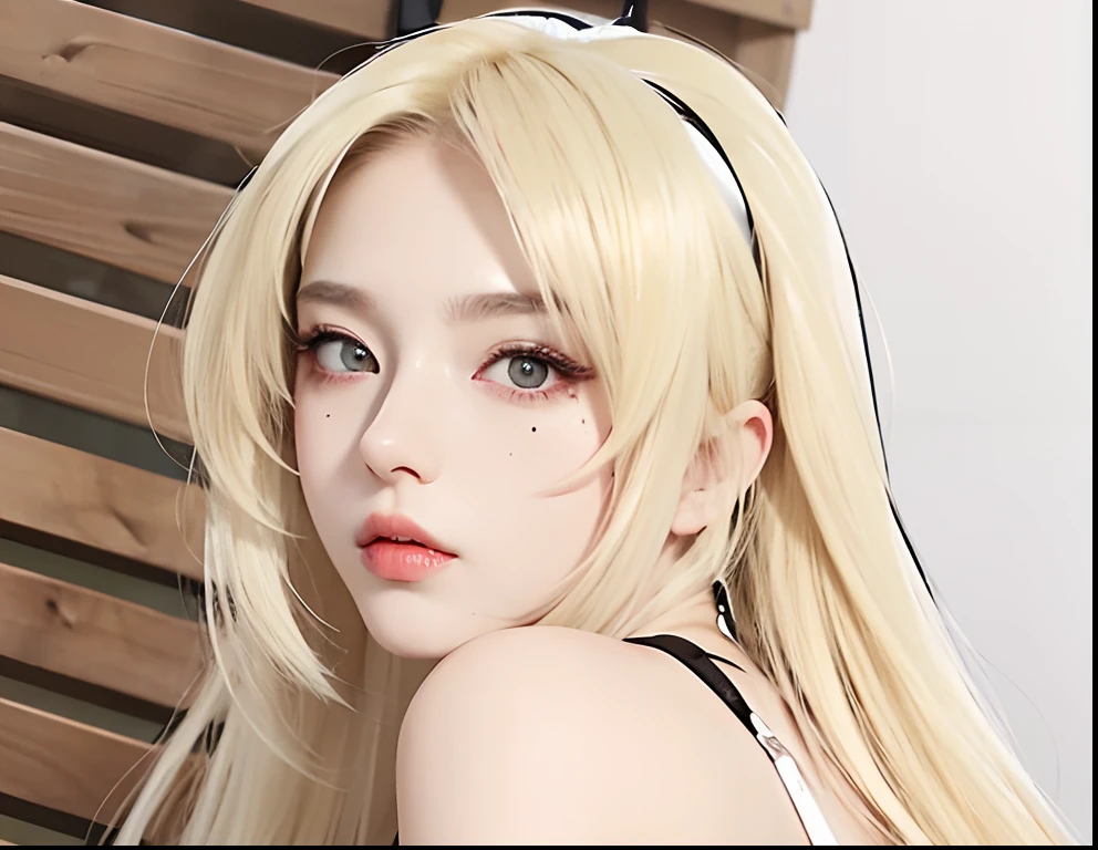 Realistic, 8k, 1girl, long white black ponytail hair, Chinese, heterochromic eyes, moles under the eyes, thick eyebrows, bikini, white panties, tuned abs, thighs, in bed, tsunade, yellow hair,