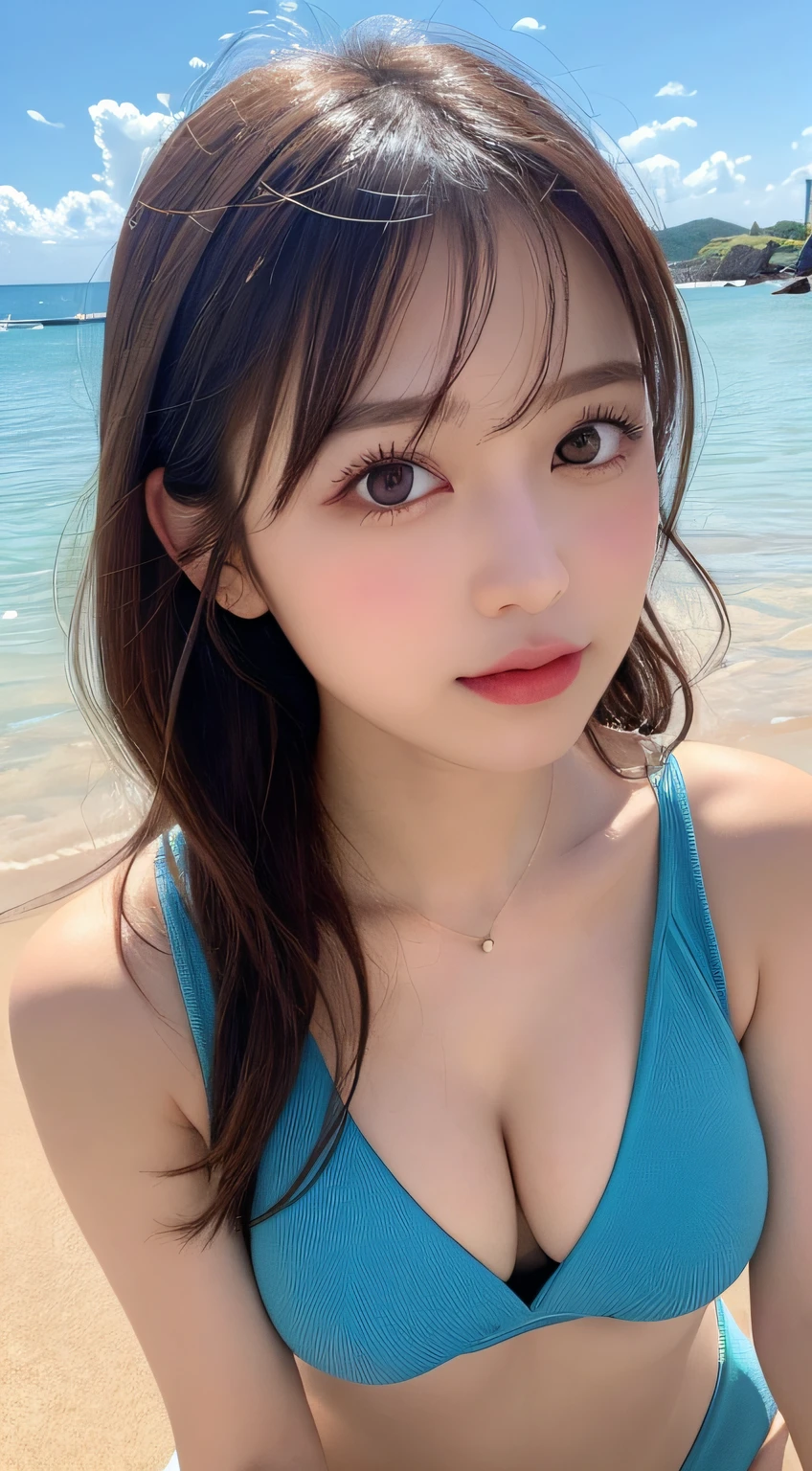 masutepiece, Best Quality, Illustration, Ultra-detailed, finely detail, hight resolution, 8K Wallpaper, Perfect dynamic composition, Beautiful detailed eyes, Swimsuit, Natural Color Lip,Beach, Random and cute poses, Date photos with boyfriend