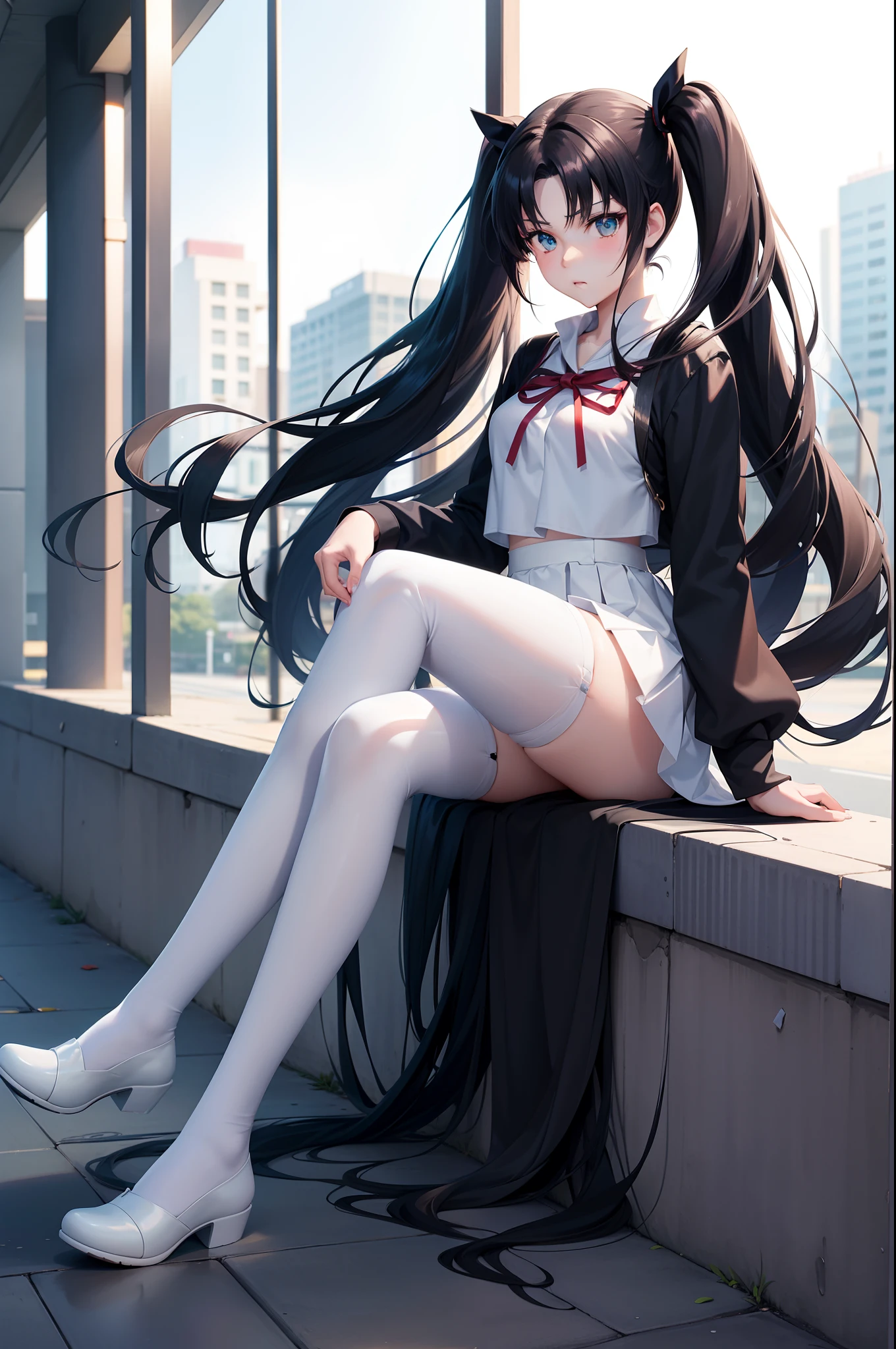 an anime girl, long black hair, twintails, rin tohsaka's bangs in fate staynight, wearing a bright white school uniform, sexy elegant, long legs, wearing white stockings, street background night street, rooftop, magic effect, turquoise eyes