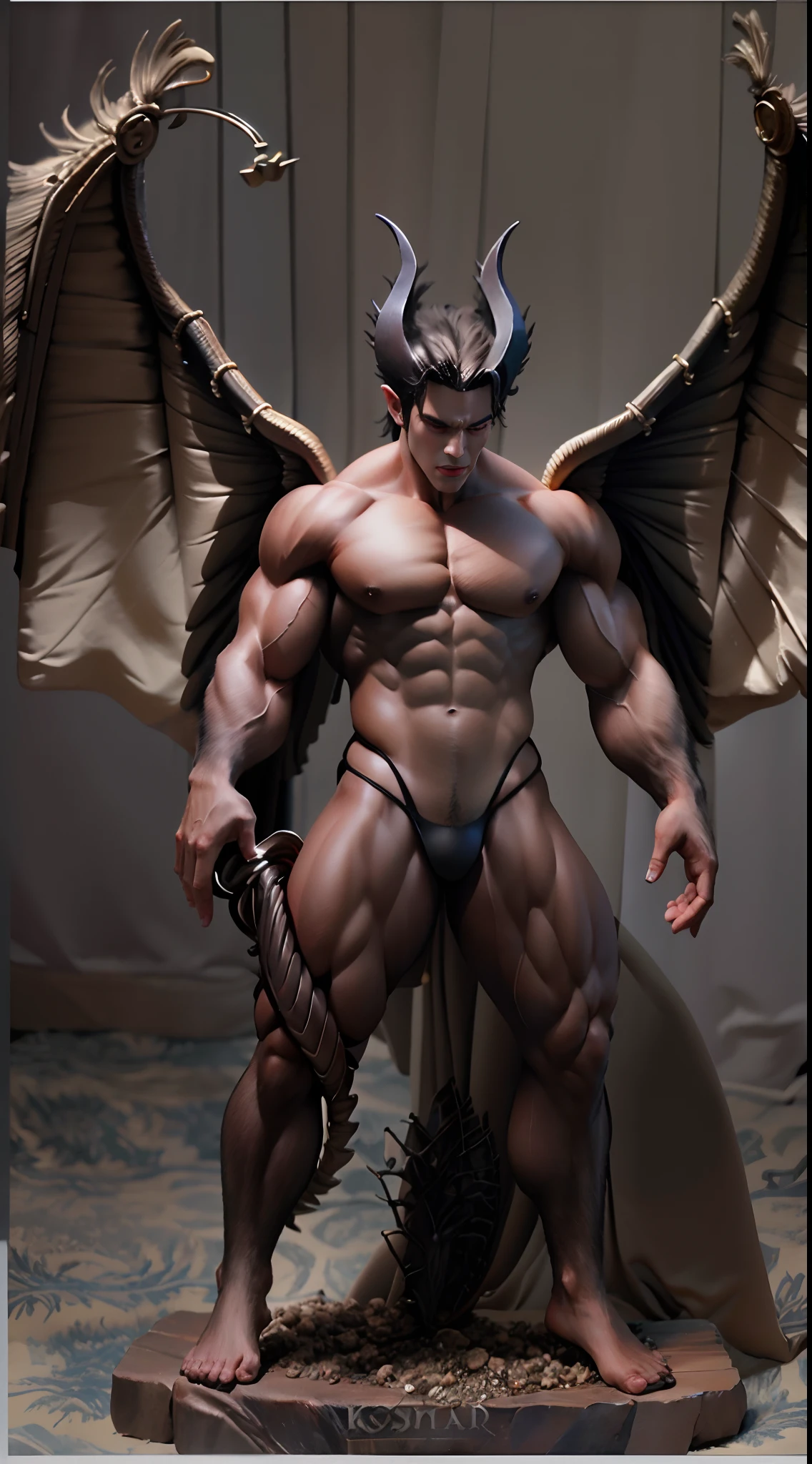 Sculpture design，GK model，The whole body of the character，Handsome demon，satan，sexy for，Wings，Handsome，Expose muscles，（base），A masterpiece of muscle reality，musculous