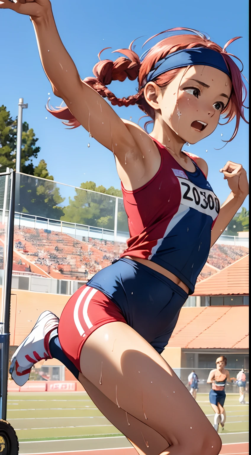 {{{masterpiece}}}, {{{best quality}}}, {{ultra-detailed}}, {illustration}, {{an extremely delicate and beautiful,high resolution, ultra-detailed,,perfect face,slender perfect body, Tight belly,Toned buttocks,Constricted waist}},,(((2 girls to 100m run start))),(painful face), (wear a headband),yo,((pink:-1.5) ,(red:-1.5) ,(blue:-1.5) hair), (braided short hair), (braided long hair), shy daughter, short stature, small tits,(flom track and field), (fashionable track and field athlete),(bike shorts), small tits, (wet:1.2), (track and field:1.3),((very wide shot )),(clothnipples visible throughes),(Cameltoe:1.2),(100m run:1.5)