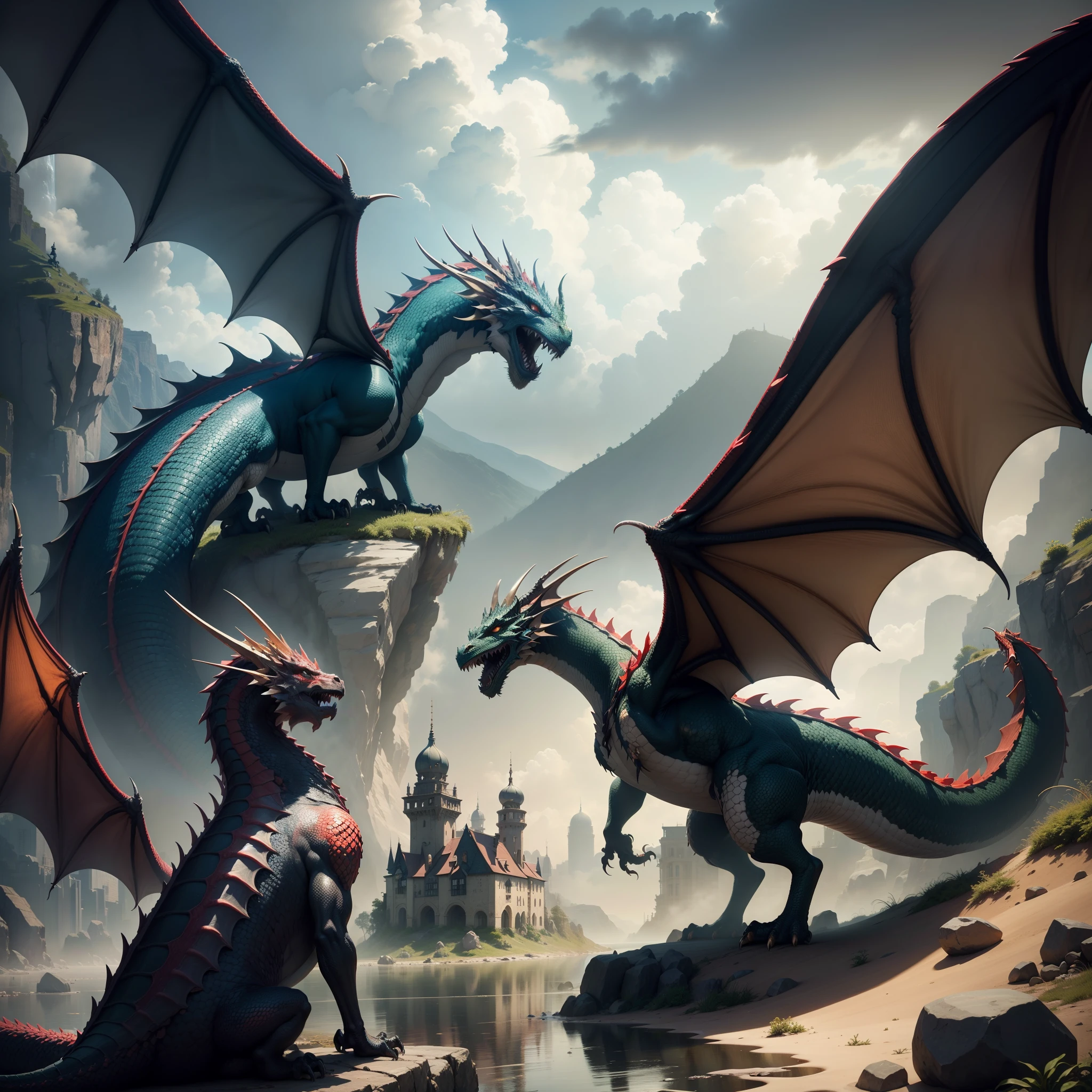 8K,Best quality, masterpiece, ultra high res, (photorealistic:1.4), a dragon city, multicolored dragons guarding a king dragon, masterpiece, best quality,