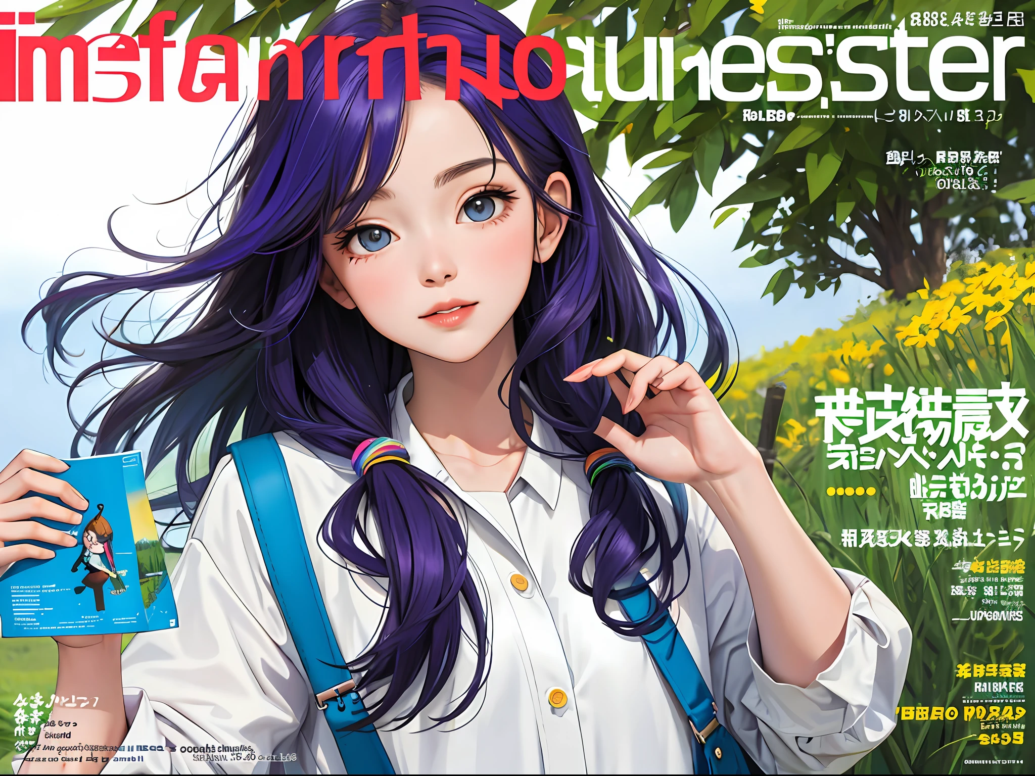 masterpiece, best quality, spring outfit, colorful hair, outdoor, magazine cover ,upper body,