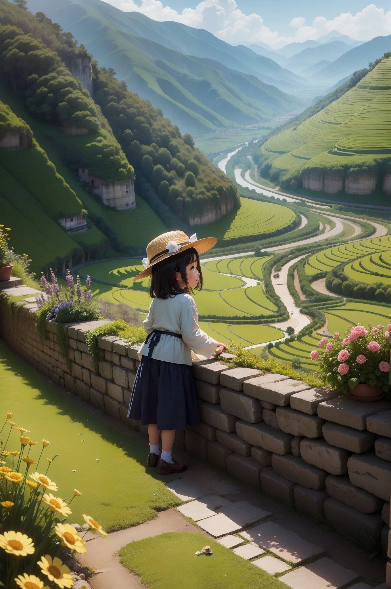 A listens to Flower Valley in Dali, Yunnan,in style of hayao miyazaki,s delicate face,largeeyes,Look back and smile