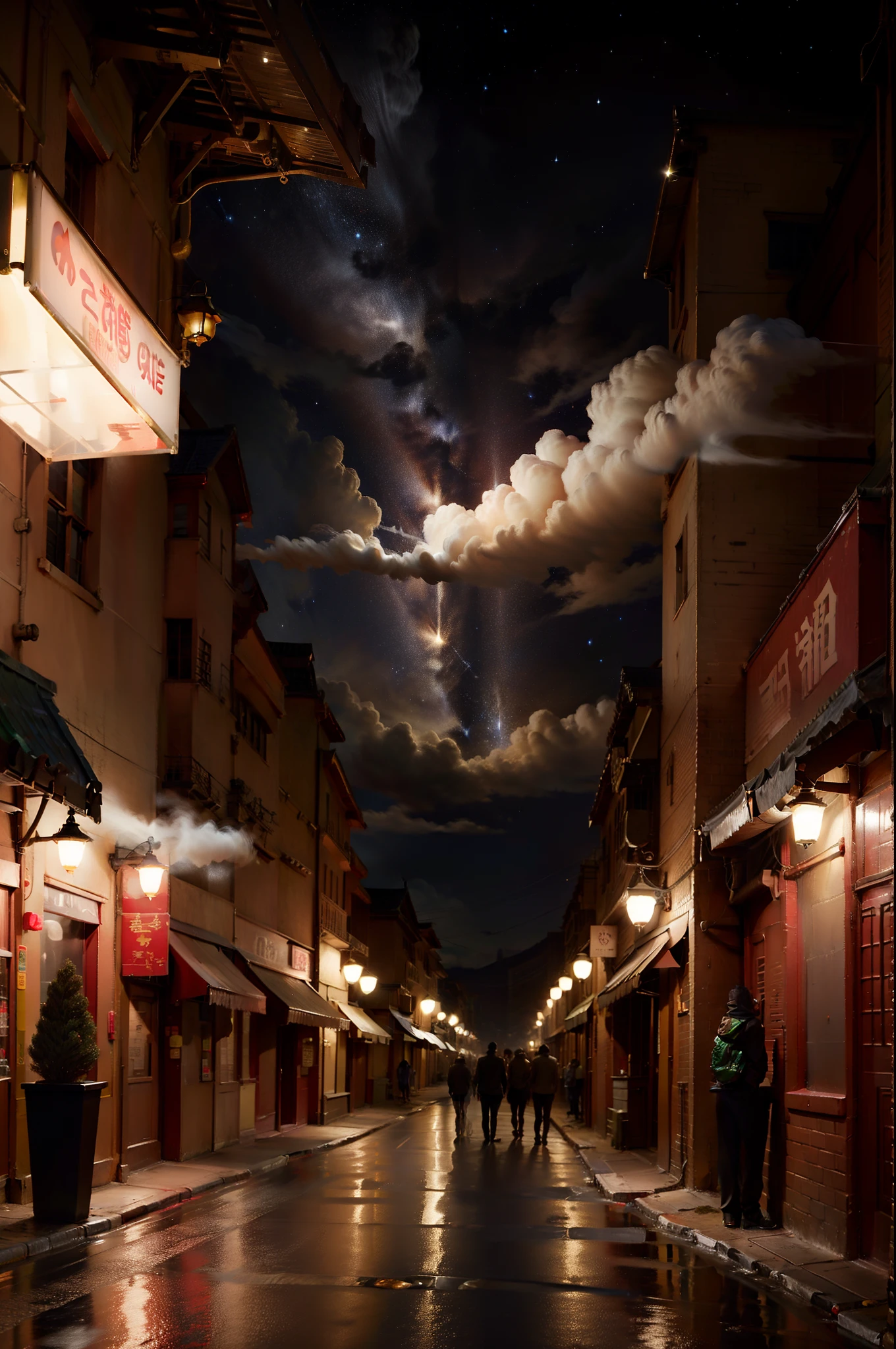 streetview；A brightly lit shopping street；raising smoke；The stars shine；Clouds of dust in galaxies；Hopeful；Beautiful images under the stars；Neon tones；Mid-range vision；Chinese style elements。