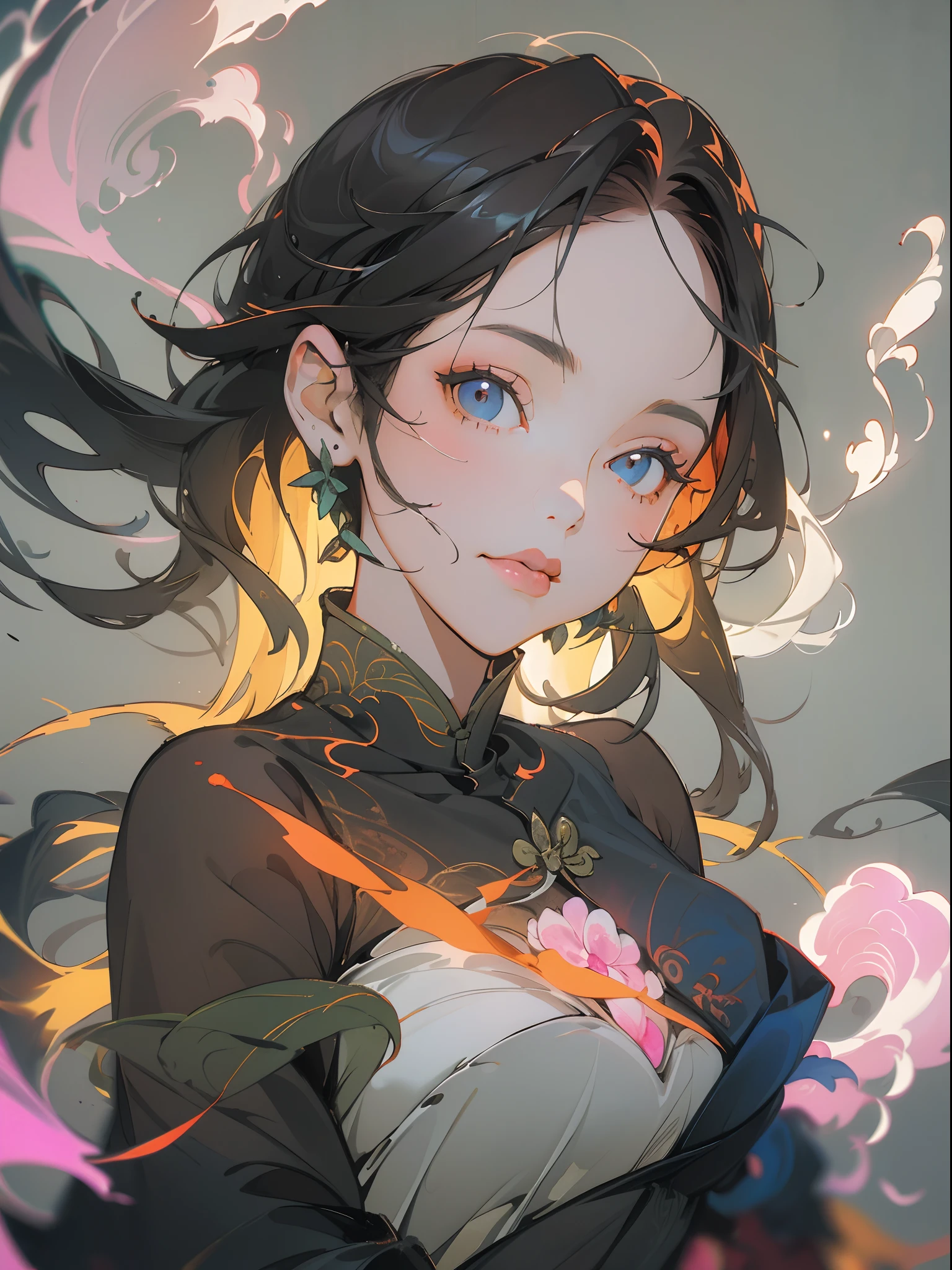 (Bare shoulders:0.85),((glowing ambiance, enchanting glow, luminouslighting, Ethereal atmosphere, A mesmerizing glow, evocative hues, captivating coloration, Dramatic lighting, Enchanting aura)),1girll,Masterpiece,Best quality,1girll,(in clouds of smoke:1.1),(Dynamic smoke is everywhere:1.4),(Upper body:1.2),(1 Chinese pattern in the middle of the girl's forehead),A girl with a weak temperament,,(epic cinematic),Soft natural light,rim-light,Absurd,Amazing,Funny,复杂,ultra - detailed,Pink flowers,pastelcolor,,flor branca,Pink flowers,