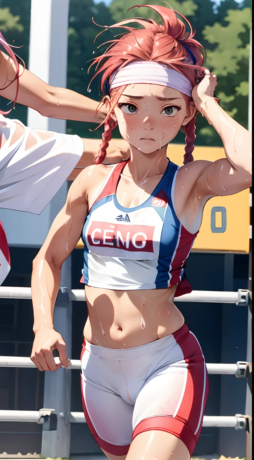 {{{masterpiece}}}, {{{best quality}}}, {{ultra-detailed}}, {illustration}, {{an extremely delicate and beautiful,high resolution, ultra-detailed,,perfect face,slender perfect body, Tight belly,Toned buttocks,Constricted waist}},,(((2 girls to 100m run start))),(painful face), (wear a headband),,((pink:-1.5) ,(red:-1.5) ,(blue:-1.5) hair), (braided short hair), (braided long hair), shy daughter, short stature, small tits,(flom track and field), (fashionable track and field athlete),(bike shorts), small tits, (wet:1.2), (track and field:1.3),((very wide shot )),(clothnipples visible throughes),(Cameltoe:1.2),(100m run:1.5)