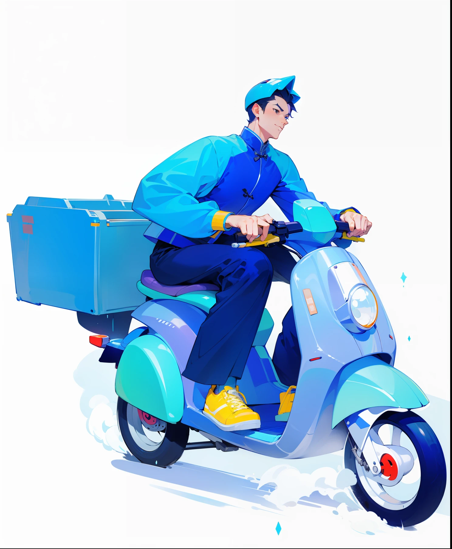 （tmasterpiece，best qualtiy），quadratic element，cool guy，Fine facial features，Man riding an electric car，Blue box at the back of the car, Mopeds, Relaxed, Chinese，Blue car，Blue clothes，With a blue helmet，4K，best qualtiy，frontage，full bodyesbian，Solid white background