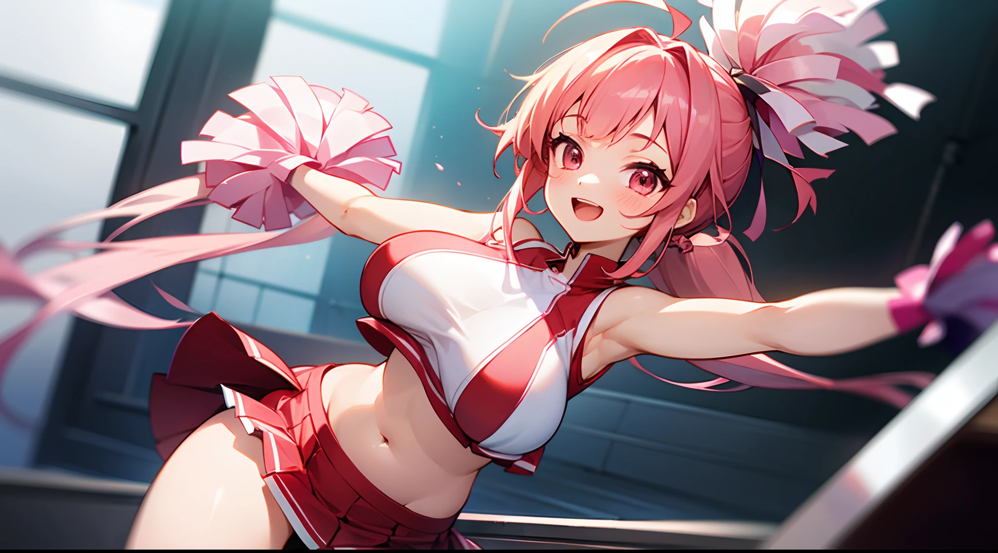 1 girl, game CG, sleeveless white cheerleader, bottom tits visible, belly button visible, short red skirt, gigantic breasts, pink hair, long hair, hair up, princess hairstyle, ahoge, pink eyes, out of school, smile, open mouth, one arm up,