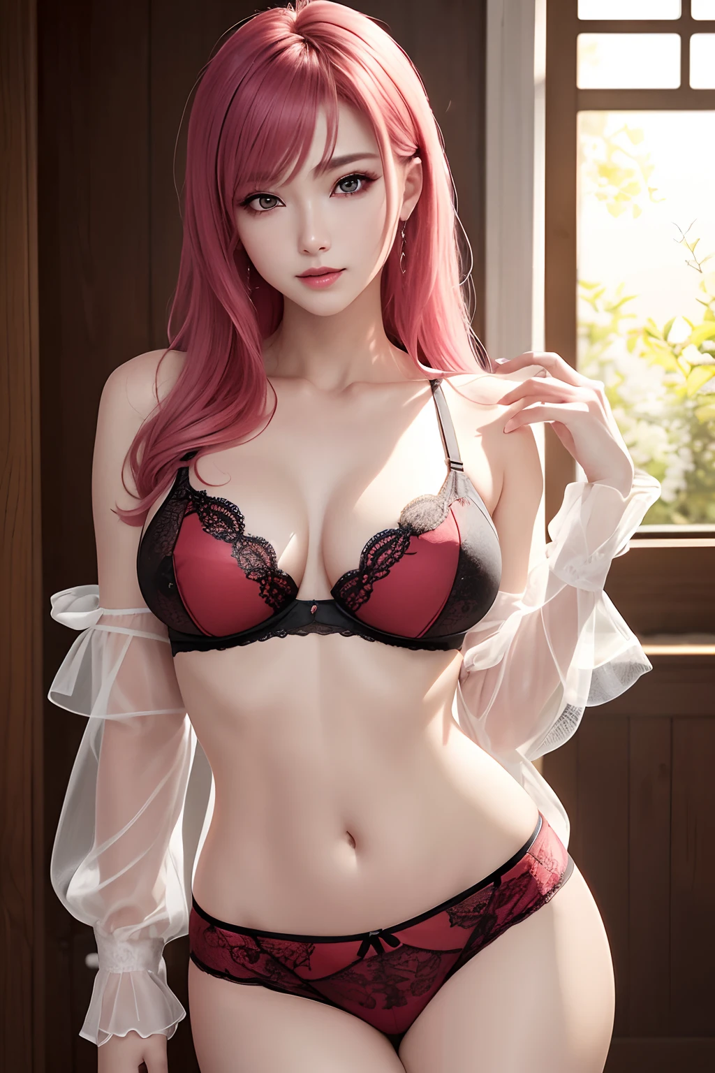 High quality fingers，Normal hands，detailed finger，tmasterpiece，（realisticlying，Photorealistic：1.37），Small waist，dark red colored hair，eBlue eyes，beauitful face，Perfect litthing，beatiful detailed eyes，looking at viewert，stunningly beautiful woman，detailed hairstyles，detailed back ground，shorter pants (8K, RAW photo, Photorealistic:1.25) ,( Gloss on lips, eyeslashes, gloss face, Glossy glossy skin, Best quality, 超高分辨率, Depth of field, color difference, Caustics, Broad lighting, naturalshadow, Kpop idol) tmasterpiece，Best quality，Portrait of 1girl，((best qualtiy)), ((tmasterpiece)), (the detail:1.4), 3D, hdr（HighDynamicRange）,Ray traching,NVIDIA RTX,Hyper-Resolution,Unreal 5,Subsurface tering、PBR Texture、post-proces、Anisotropy Filtering、depth of fields、maximum definition and sharpness、Many-Layer Textures、Albedo e mapas Speculares、Surface coloring、perfectly proportions、rendering by octane、Two-colored light、largeaperture、Low ISO、White balance、the rule of thirds、8K raw data、Raised translucent top, Smaller top, Smaller black lace shorts, Raised, Matuinization, Flattering eyes, Vivid red lace translucent bra，Flat naked abdoSnow-white thighs, White lace stockings, Bare arms, Mature charm depen neck,Long shiny pink hair, Red lace translucent shorts perfect body