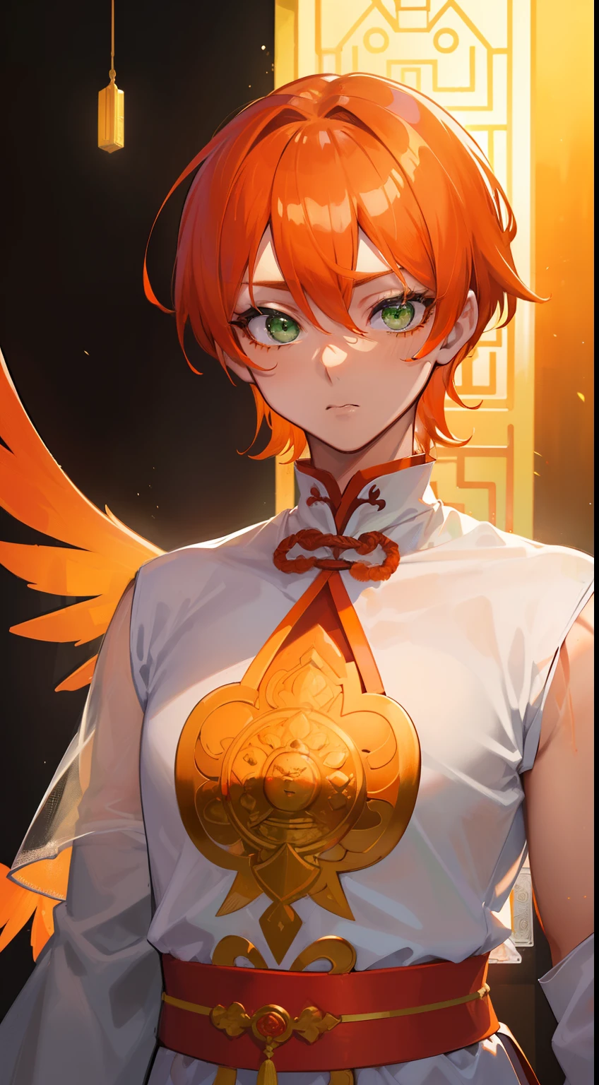 Flustered face,(((Guy))), (((man))), (((Man's))),(((masutepiece))), (((Beautiful lighting))),(((muscular))),(((man))),(((40 years),(((Green eyes))),(((Orange hair))), Male face,male eyebrows, Male Eyes, Eyelashes, Medium Hair,Beautiful face, v shaped_eyebrow,White skin,Transparent wings,Chinese_Clothes,(((Black clothes,)))garters_lanyard, See-through,The light of the Buddha shines, holy,