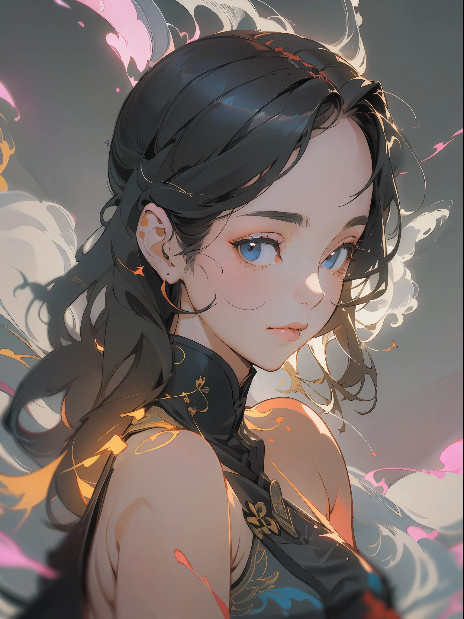 (Bare shoulders:0.85),((glowing ambiance, enchanting glow, luminouslighting, Ethereal atmosphere, A mesmerizing glow, evocative hues, captivating coloration, Dramatic lighting, Enchanting aura)),1girll,Masterpiece,Best quality,1girll,(in clouds of smoke:1.1),(Dynamic smoke is everywhere:1.4),(Upper body:1.2),(1 Chinese pattern in the middle of the girl's forehead),A girl with a weak temperament,,(epic cinematic),Soft natural light,rim-light,Absurd,Amazing,Funny,复杂,ultra - detailed,Pink flowers,pastelcolor,,flor branca,Pink flowers,
