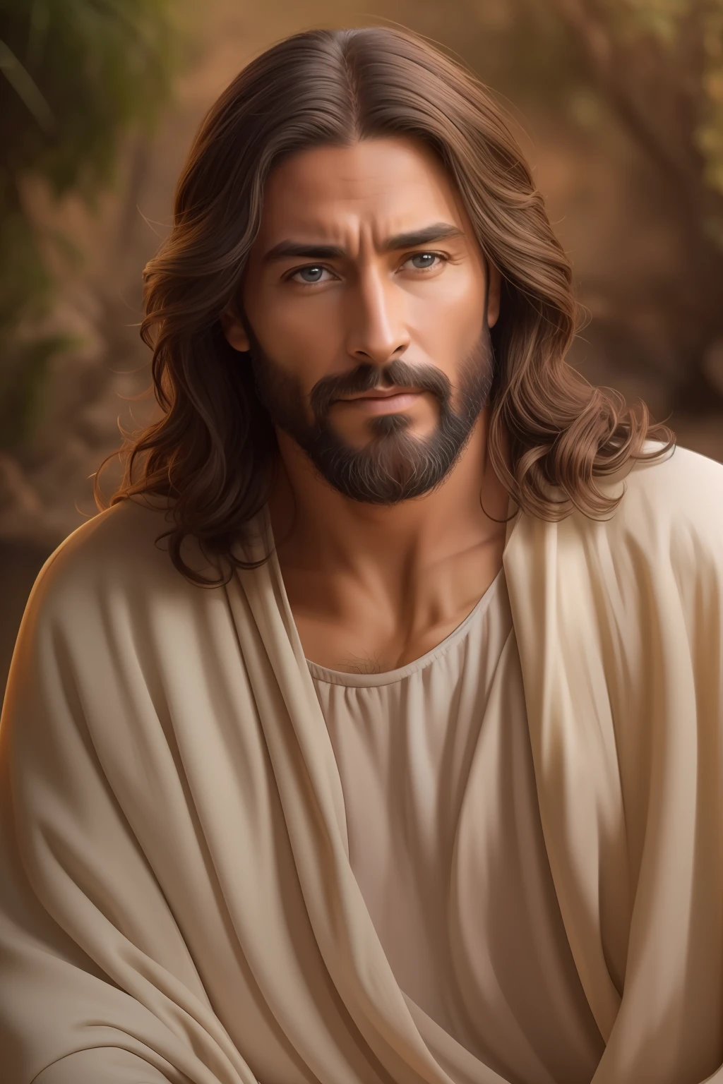 Gere uma imagem de Jesus estilo realista, The paradise of celestial background , olhando para frente .com longos cabelos castanhos e barba. His eyes are kind and expressive,, garanta que a imagem seja de alta qualidade e rica em detalhes, capturing the essence of Jesus , pele altamente detalhada: 1,2 8k uhd , 20MP, Fujifilm XT3, 80mm