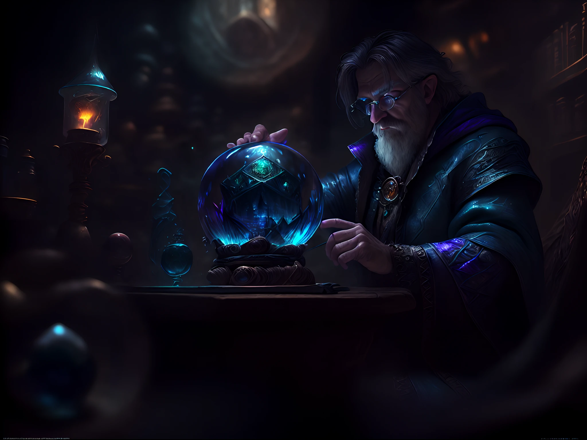 high details, best quality, 8k, [ultra detailed], masterpiece, best quality, (extremely detailed), dynamic angle, ultra wide shot, photorealistic, RAW, fantasy art, dnd art, fantasy art, realistic art, a wide angle view wallpaper of a wizard (intense details, Masterpiece, best quality: 1.5) looking into his crystal ball (intense details, Masterpiece, best quality: 1.5), casting a spell in his magical laboratory, human male wizard, fantasy wizard (intense details, Masterpiece, best quality: 1.5), D&D wizard, young human male (intense details, Masterpiece, best quality: 1.5), [[anatomically correct]], dynamic hair, dynamic eyes, wearing magical robe (intense details, Masterpiece, best quality: 1.5), dynamic colors, ultra detailed face (intense details, Masterpiece, best quality: 1.5), manipulating blue magical energy, in his laboratory (intense details, Masterpiece, best quality: 1.5), many magical tomes, magical library (intense details, Masterpiece, best quality: 1.5),  many magical vials, ultra wide angle from a medium distance,