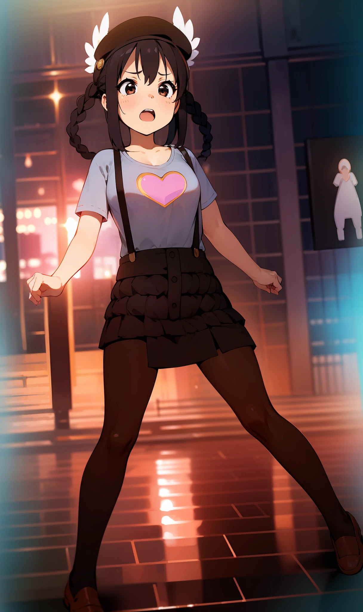 1girl, (((​masterpiece))), top-quality, top-quality, High Details, nakano azusa, 1girl, Twin-tailed, length hair, A dark-haired, brown-eyed, Gray T-shirt.suspenders.a black skirt.illustratio, comic strip, soothing tones, Subdued Color, Soft cinematic light, adobe lightroom, photolab, HDR, intricately and hyper-detailed、(((depth of fields))))。(((​masterpiece)))。(((top-quality))).)((ultra-detailliert)))。(((illustratio)))。(((takeout))).dynamic focus.big breasts.(((Skyscrapers))).(((A city scape))).(((Face of sadness))). open mouth.(((fighting stance))).(((up chest))).((evening glow)).((the setting sun)).(((Heart on chest))).Feathered hat