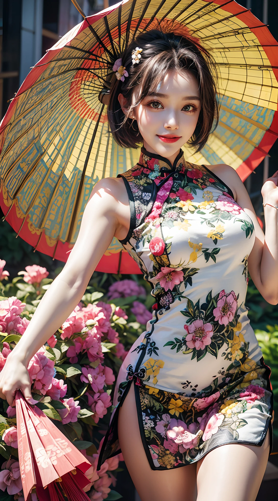 (vibrant),(playful),(qipao),(colorful prints),(energetic pose),(bob haircut),(accessories: umbrella, fan, and flowers),(cheerful expression),(dynamic movement)