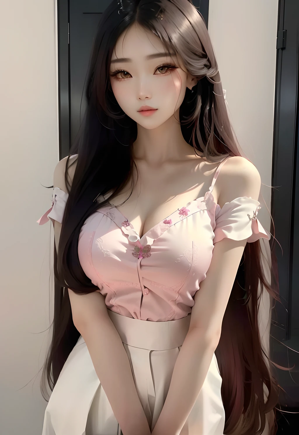 A woman with long hair in a pink blouse and white pants, Korean girl, Gorgeous young Korean woman, Asian girl with long hair, beautiful Korean women, With long hair, Beautiful Asian girl, gorgeous chinese models, Beautiful young Korean woman, Japanese goddess, with long hair and piercing eyes, long hair girl, with long dark hair, Asian girl