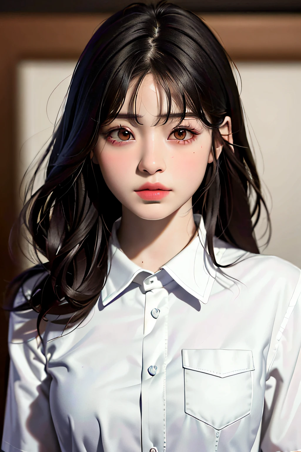 Masterpiece, best quality, (dark photo: 1.3), realistic, 1girl, flat bangs, stunning innocent symmetrical face, shirt, emotional, ulzzang, (PureErosFace_V1: 0.7)