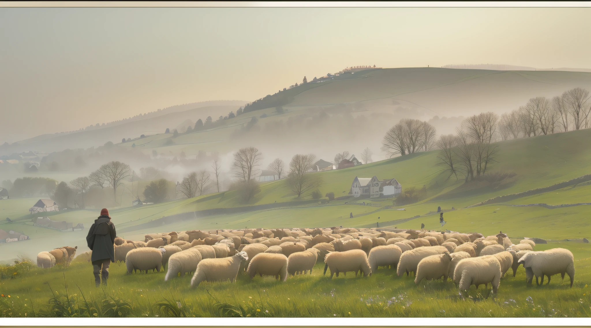 Shepherd grazing a lot of sheep in a field on a small hill overlooks the hill and obscures the village buildings in the flaxen sky and haze.