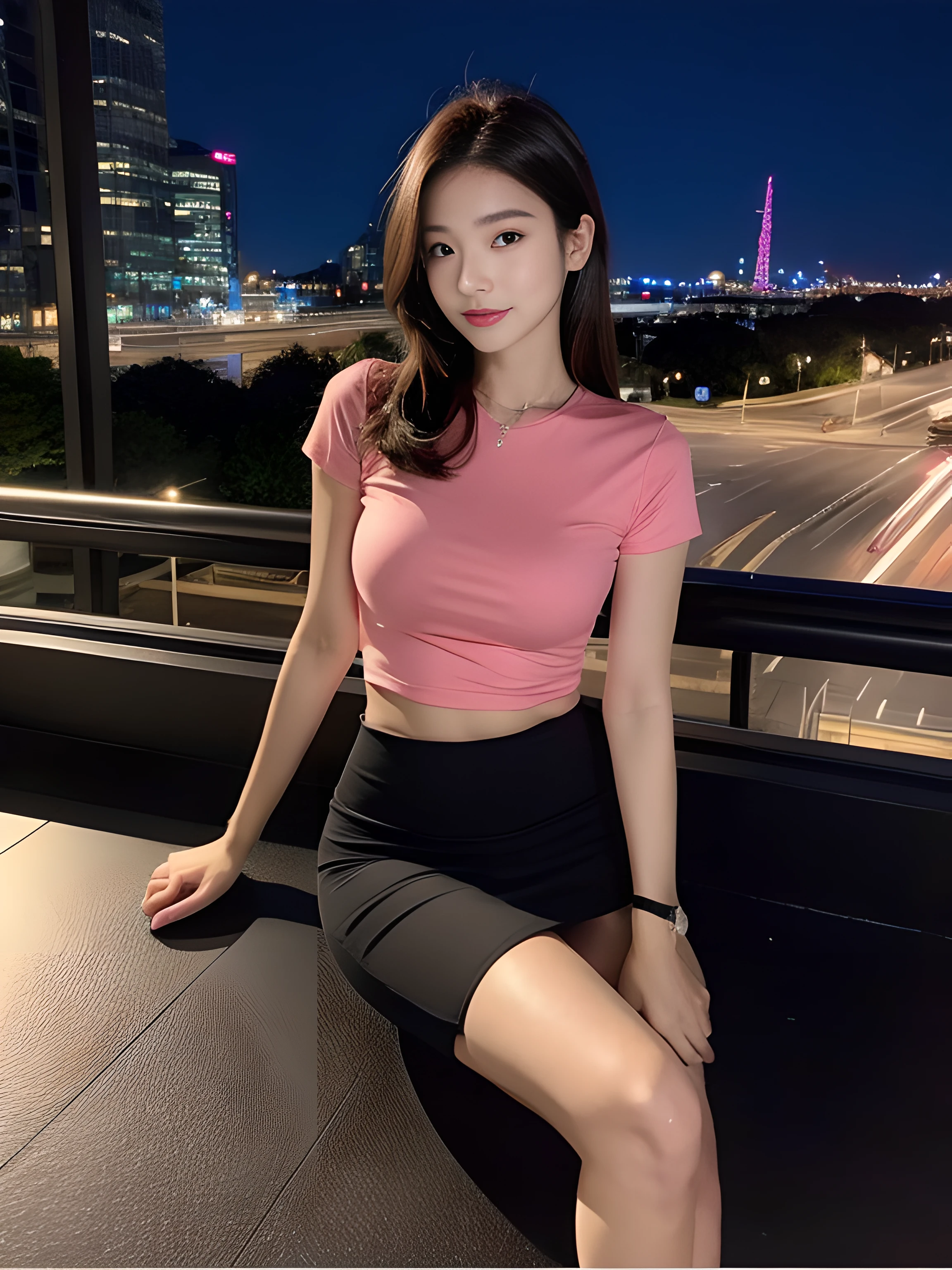 ((midynight, Acura, 8K, tmasterpiece: 1.3)), full bodyesbian, long leges, Focalors: 1.2, perfect figure beautiful woman: 1.4, Slim abs: 1.1, (dark brown hair,: 1.2 )), (Pink skinny T-shirt, short skirt,sitting on a stool: 1.2), (city night scene, the roof: 1.3)), Highly Detailed Face and Skin Textur, detailedeyes, 二重まぶた,