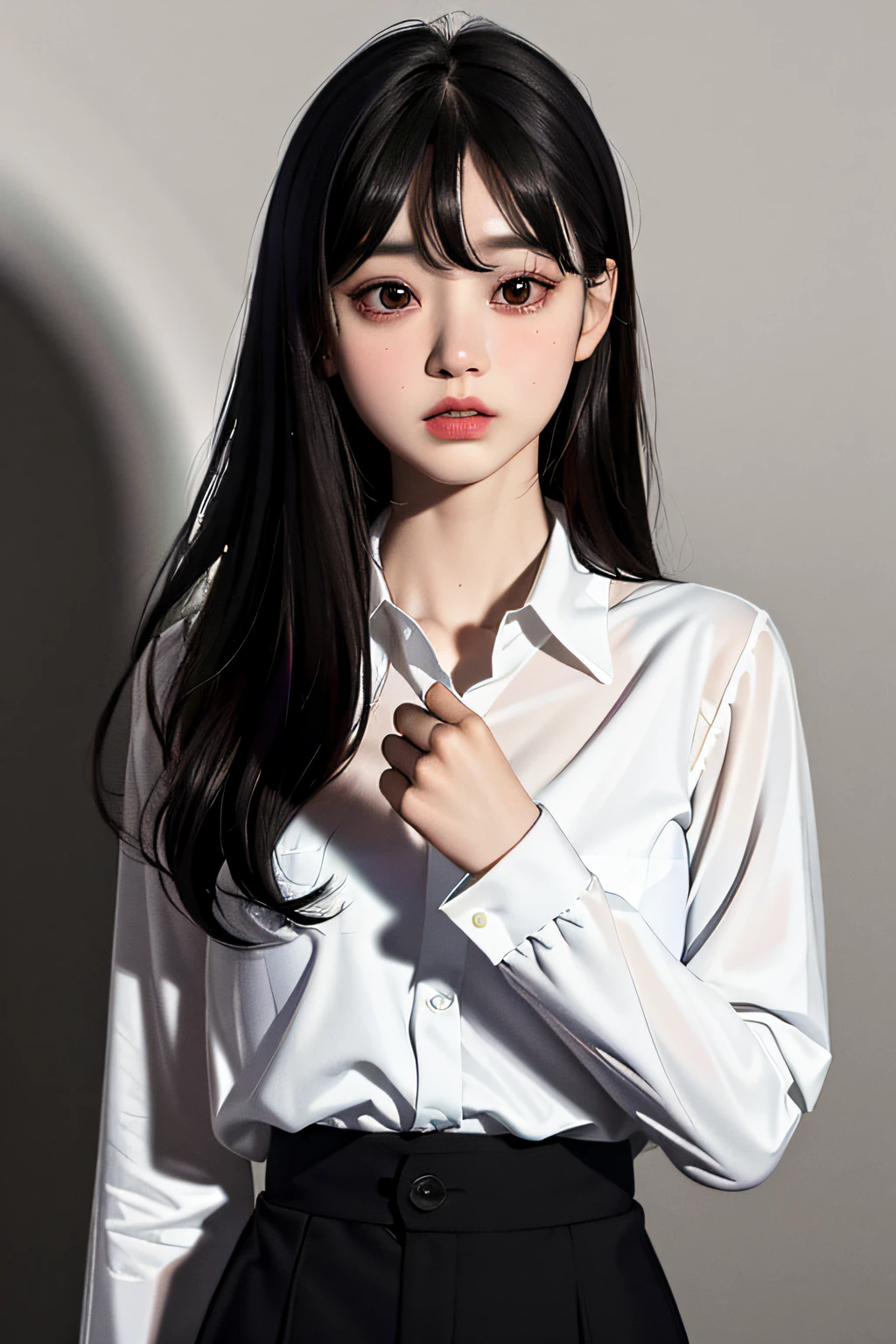 Masterpiece, best quality, (dark photo: 1.3), realistic, 1girl, flat bangs, stunning innocent symmetrical face, shirt, emotional, ulzzang, (PureErosFace_V1: 0.7)