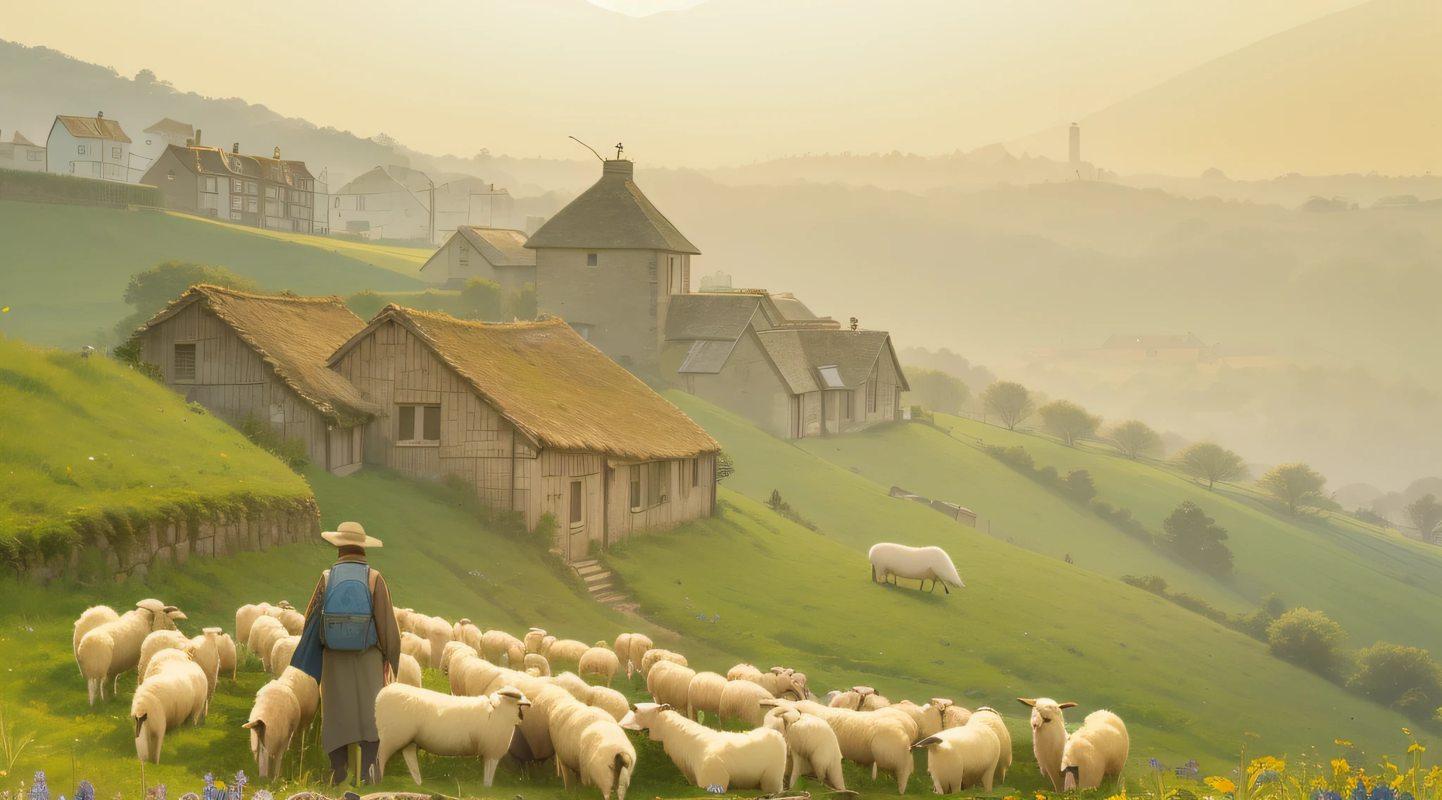 Shepherd grazing a lot of sheep in a field on a small hill overlooks the hill and obscures the village buildings in the flaxen sky and haze.