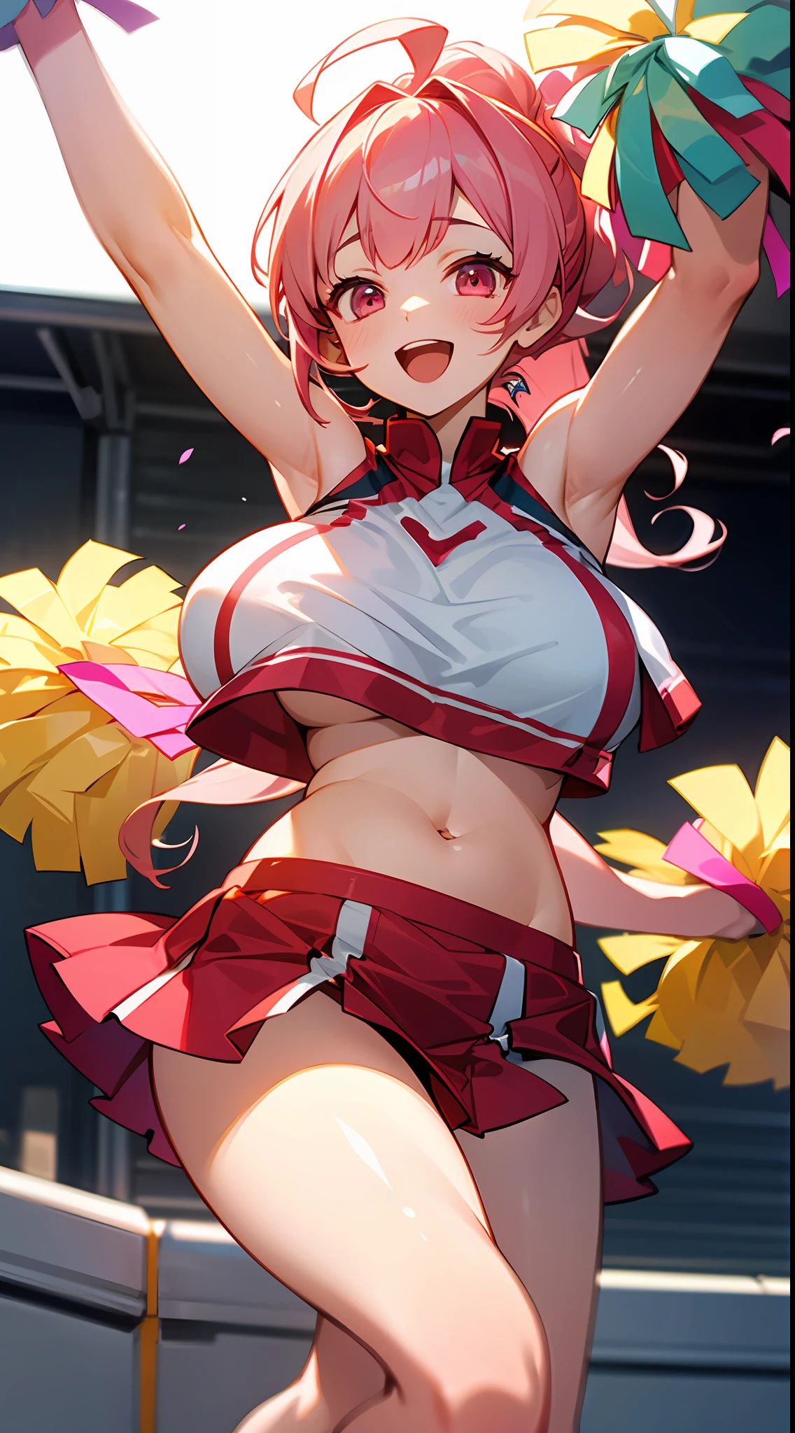 1 girl, game CG, sleeveless white cheerleader, bottom tits visible, belly button visible, short red skirt, gigantic breasts, pink hair, long hair, hair up, princess hairstyle, ahoge, pink eyes, out of school, smile, open mouth, one arm up,