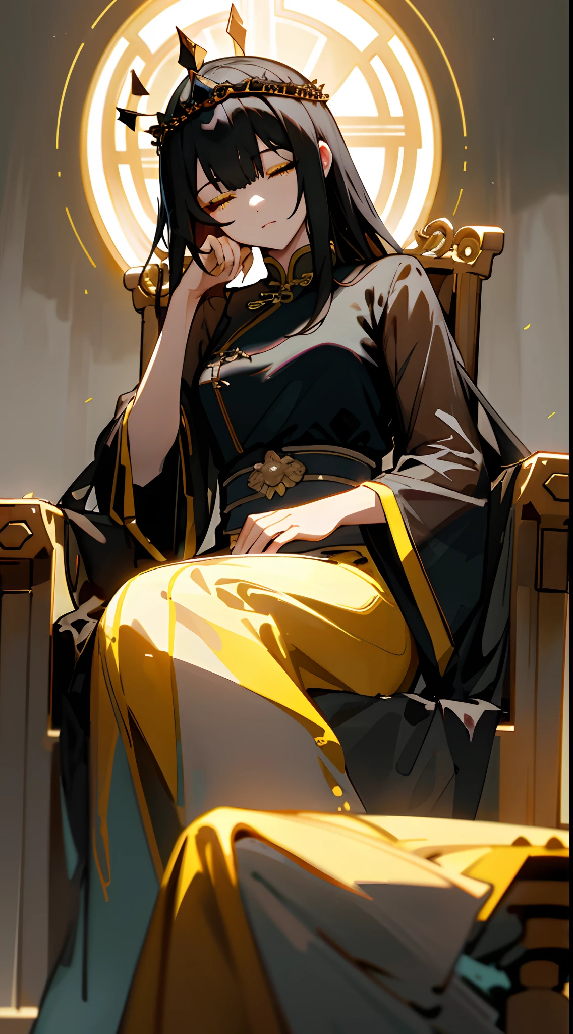 (Masterpiece:1.2), Best quality, (illustration:1.2), (Ultra-detailed), 超详细信息, (细腻细致), (Intricate details), (Cinematic light, 最优质的背光), 清晰的线条, From below, solo female,perfect bodies,(1girll),Black hair and yellow eyes,(the emperor,Black see-through garment),(tiara crown:1.1),sitting on an royal throne,Close your eyes slightly,low head,low head,(is shy:1.2 ), ((Makeup)), High contrast, (Best illumination, an extremely create and beautiful), ((Cinematic light)), Bright colors,