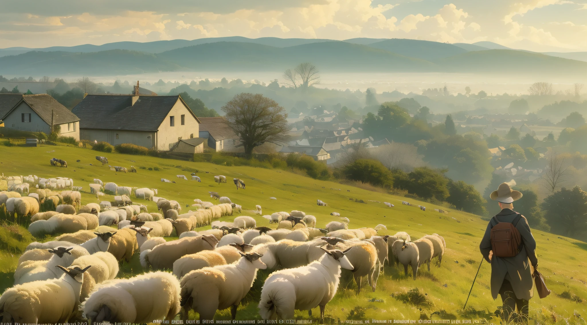 Shepherd grazing a lot of sheep in a field on a small hill overlooks the hill and obscures the village buildings in the flaxen sky and haze.