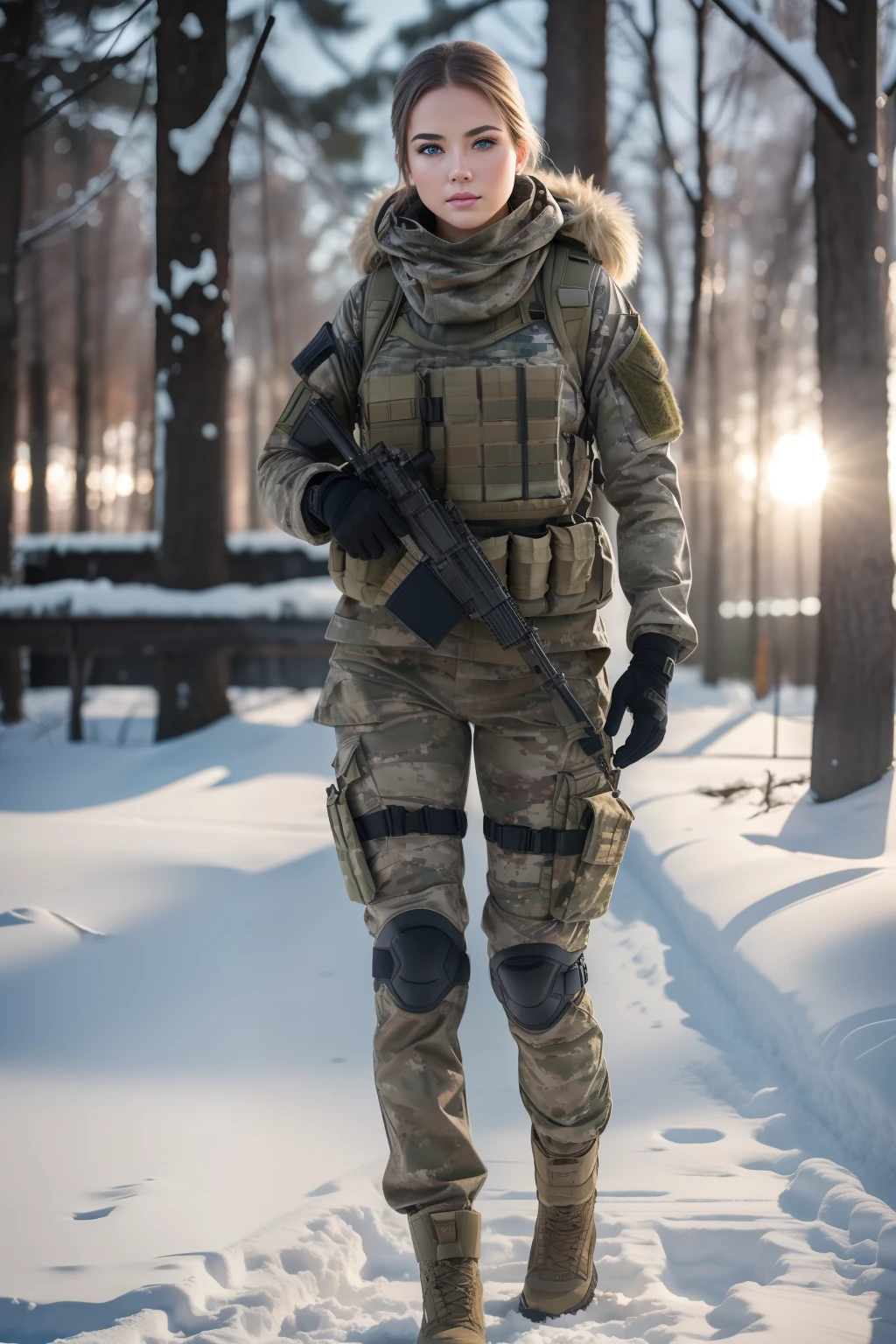 (photorealistic), beautiful lighting, best quality, realistic, full body portrait, real picture, intricate details, depth of field, 1girl, in a cold snowstorm, A very sexy soldier girl, wearing winter camo military fatigues, camo plate carrier rig, combat gloves, (magazine pouches), (kneepads), highly-detailed, perfect face, blue eyes, lips, wide hips, small waist, tall, makeup, tactical, Fujifilm XT3, outdoors, bright day, Beautiful lighting, RAW photo, 8k uhd, film grain, ((bokeh))