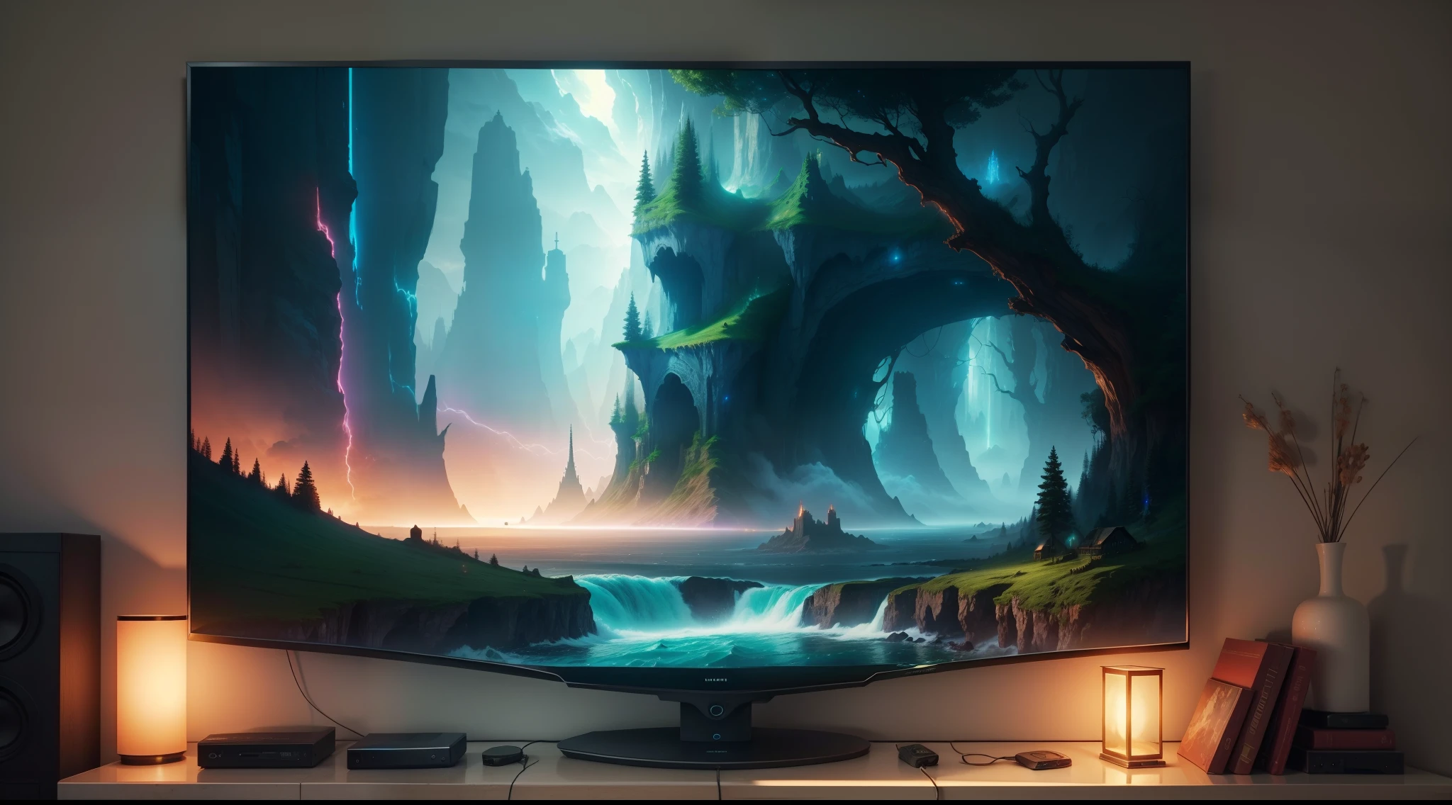 best quality, masterpiece, an old tv on wall showing beautiful wild and natural fantasy landscape with glowing lights, 8k