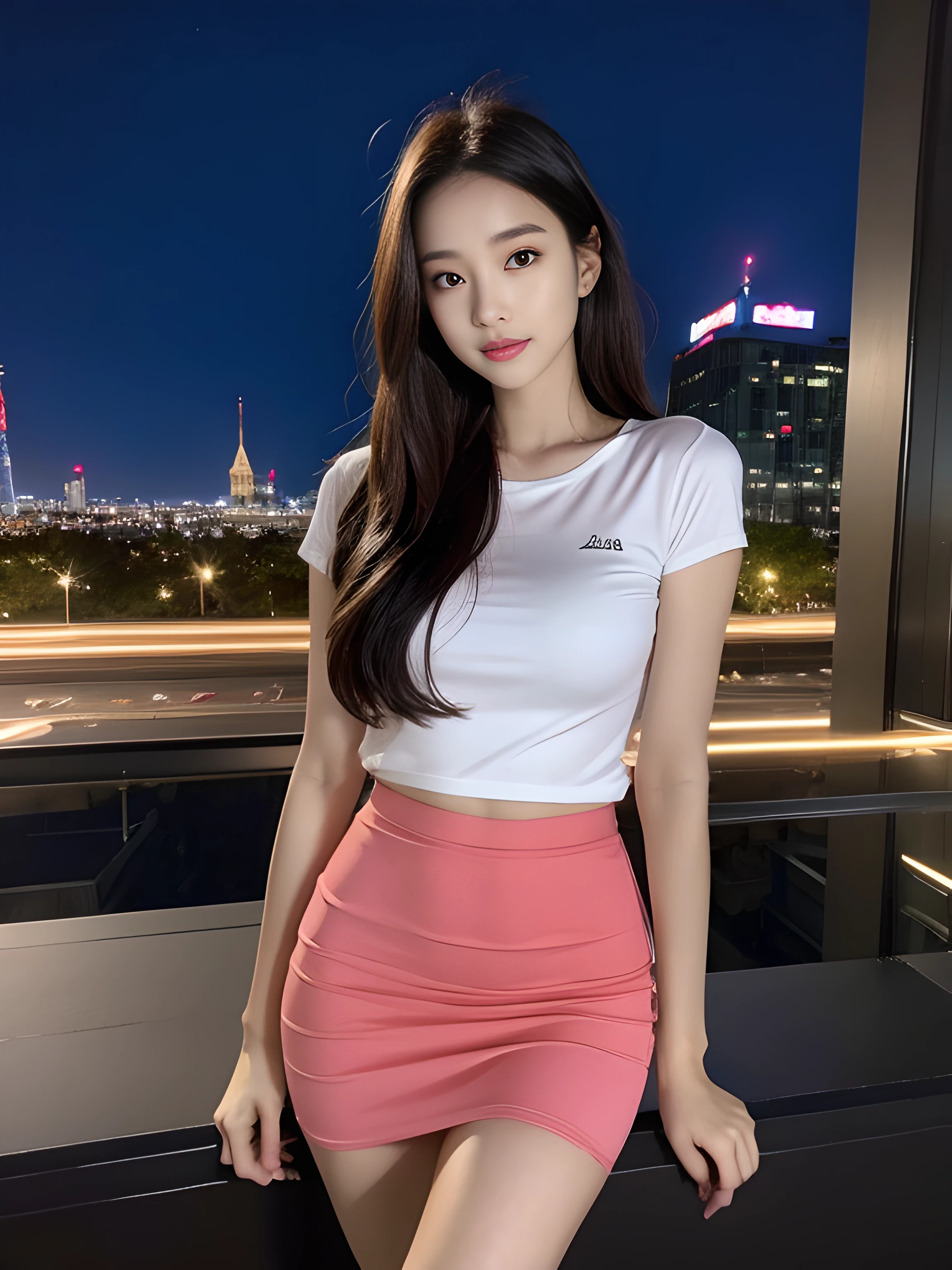 （（midynight， Acura， 8K， tmasterpiece： 1.3））， full bodyesbian， long leges， Focalors： 1.2， perfect figure beautiful woman： 1.4， Slim abs： 1.1， （dark brown  hair，： 1.2 ））， （Pink skinny T-shirt， short  skirt，sitting on a stool： 1.2）， （city night scene， the roof： 1.3））， Highly Detailed Face and Skin Textur， detailedeyes， 二重まぶた，