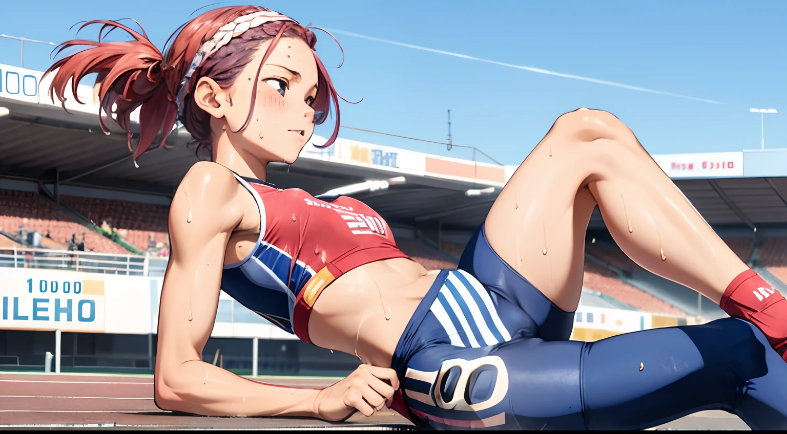 {{{masterpiece}}}, {{{best quality}}}, {{ultra-detailed}}, {illustration}, {{an extremely delicate and beautiful,high resolution, ultra-detailed,,perfect face,slender perfect body, Tight belly,Toned buttocks,Constricted waist}},,(((2 girls to 100m run start))),(painful face), (wear a headband),,((pink:-1.5) ,(red:-1.5) ,(blue:-1.5) hair), (braided short hair), (braided long hair), shy daughter, short stature, small tits,(flom track and field), (fashionable track and field athlete),(bike shorts), small tits, (wet:1.2), (track and field:1.3),((very wide shot )),(clothnipples visible throughes),(Cameltoe:1.2),(100m race:1.5)