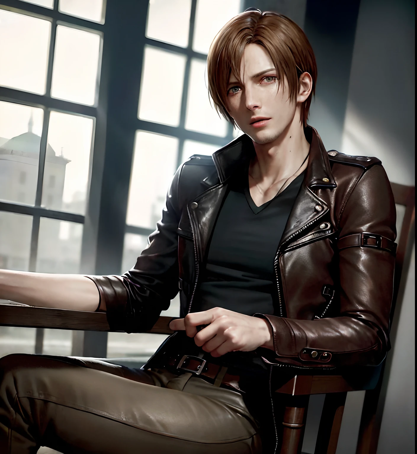 Leon Scott Kennedy,Resident Evil 4 Remake,Leon Scott Kennedy,resident evil 4:remastered,offcial art,统一 8k 壁纸,ultra - detailed,Beauty and aesthetics,tmasterpiece,best qualtiy,Handsome men,Sexy expression,sit on chair,Gorgeous medieval building,Hand touch gun,Brown leather coat,Determined eyes,musculature,Mature male,Vicissitudes,Middle aged