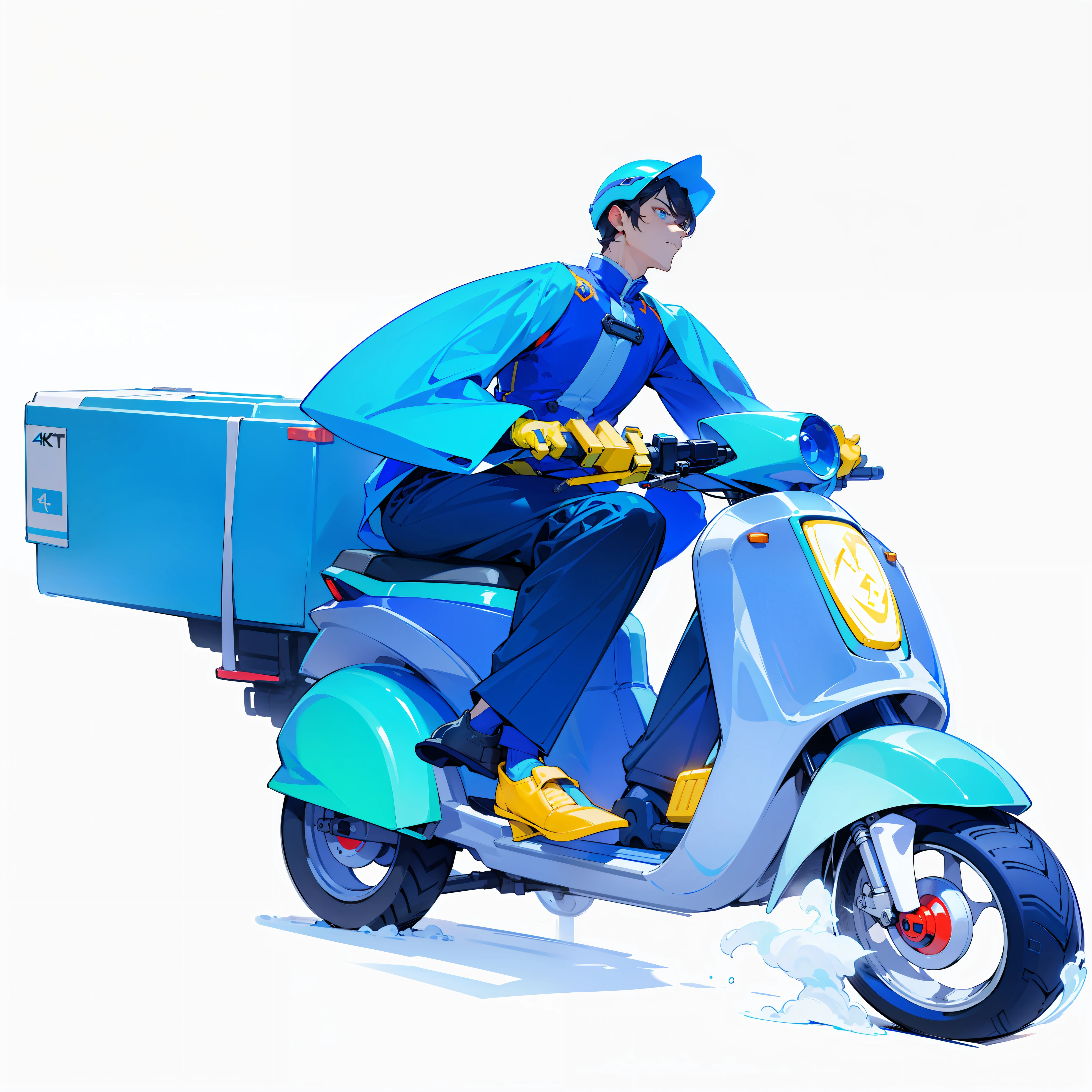 （tmasterpiece，best qualtiy），quadratic element，cool guy，Fine facial features，Man riding an electric car，Blue box, Mopeds, Relaxed, Chinese，Blue car，Blue clothes，Blue helmet，4K，best qualtiy，frontage，full bodyesbian，Solid white background